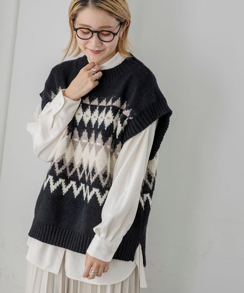 coen コーエン レディース 【WEB限定】[洗える]FEELING MADE ノルディック パターン ニットベスト ＜UNISEX＞ セーター ブラック 送料無料