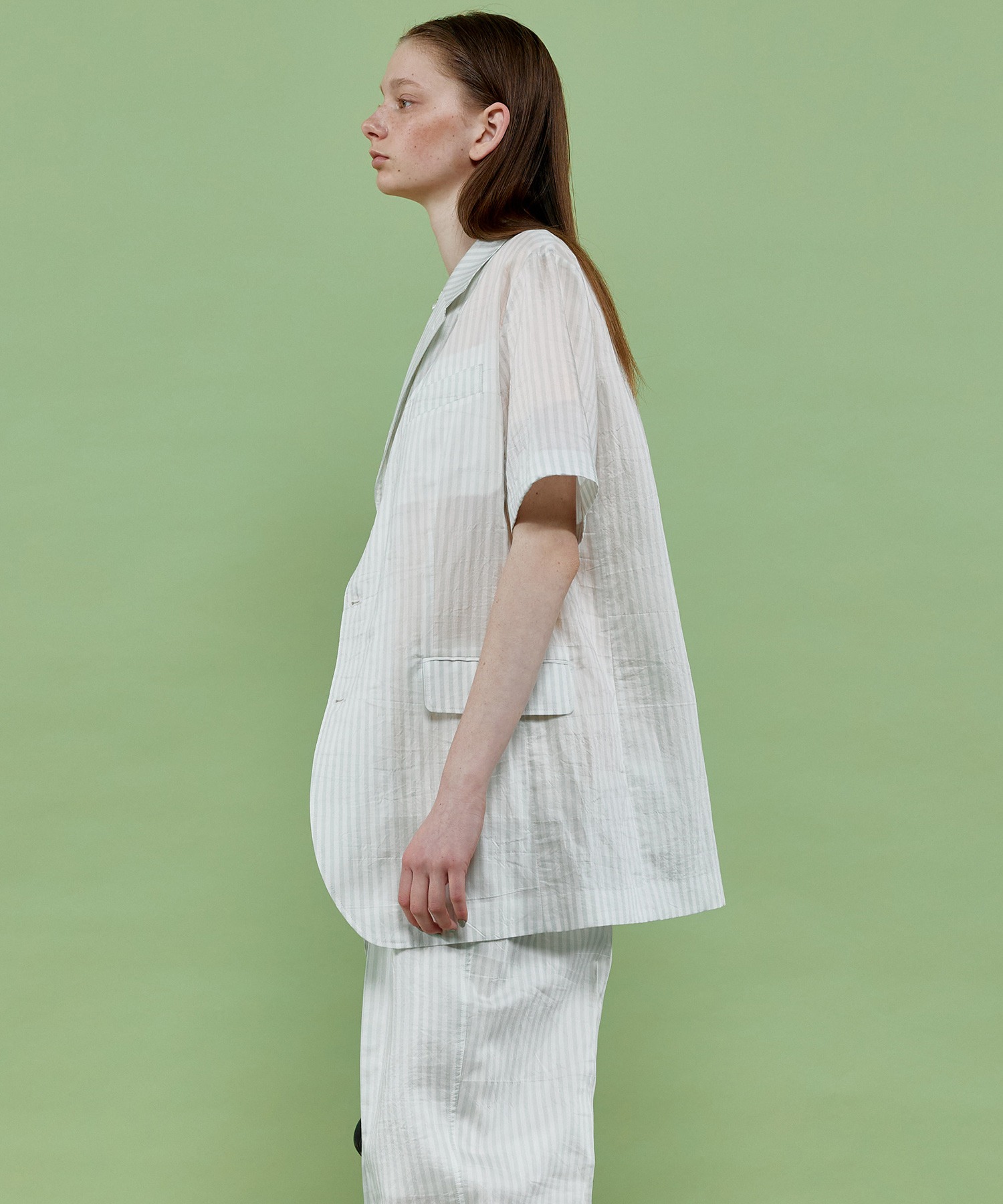 テーラードジャケット Silky Stripe Half Sleeve Jacket/シルキー