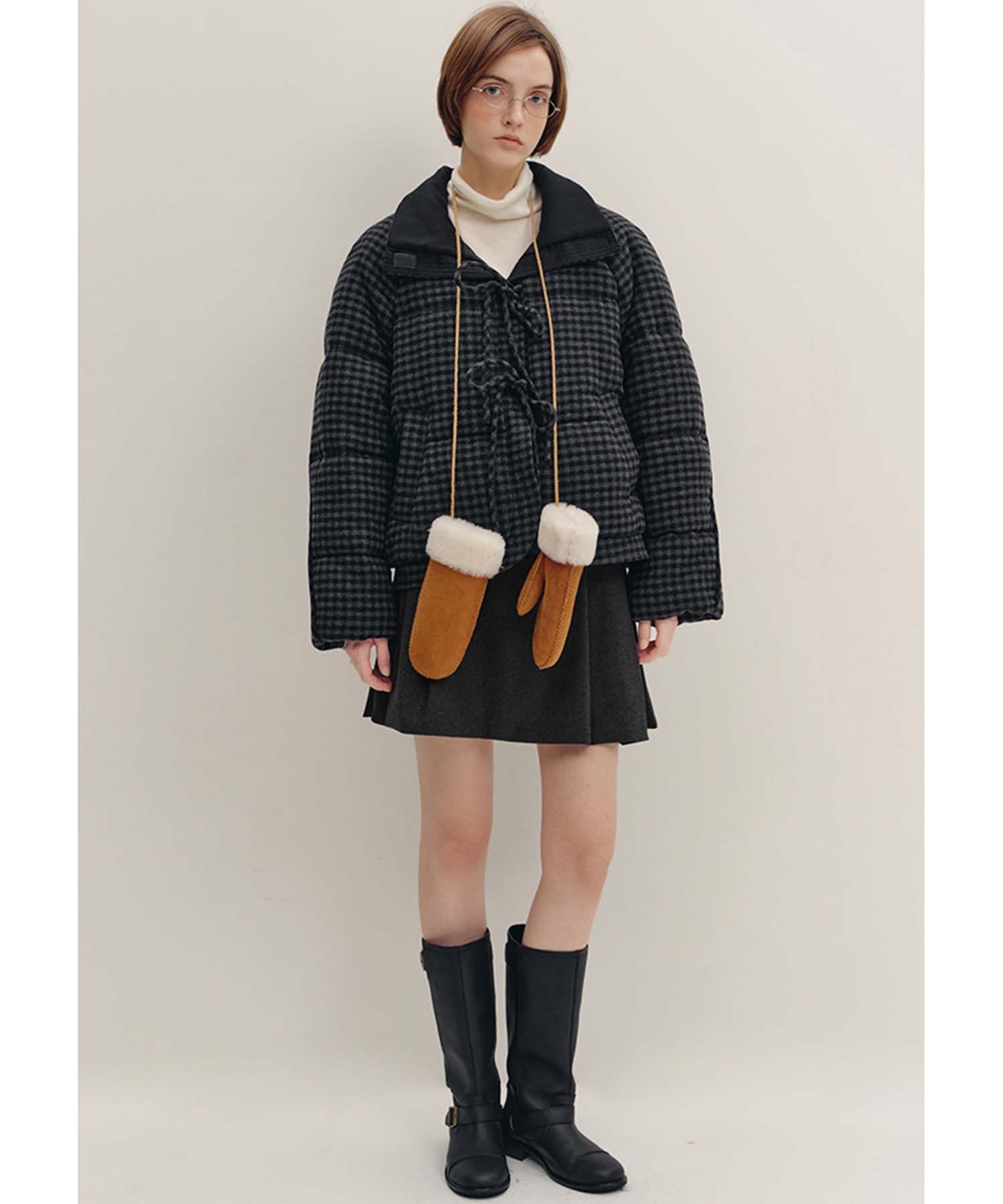 スタンドカラー チェック柄リボン 中綿ジャケット FD24M024