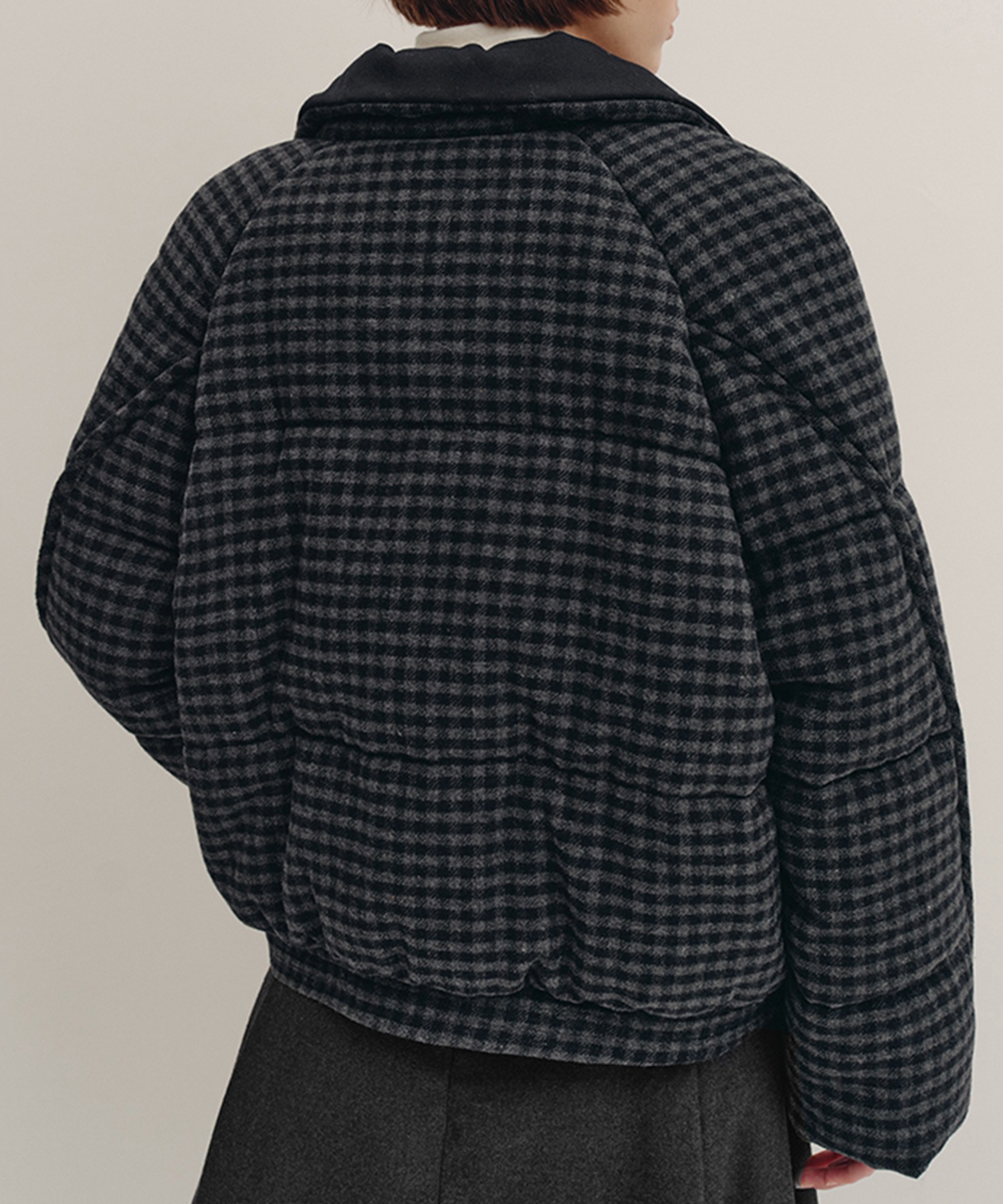 スタンドカラー チェック柄リボン 中綿ジャケット FD24M024【Fano