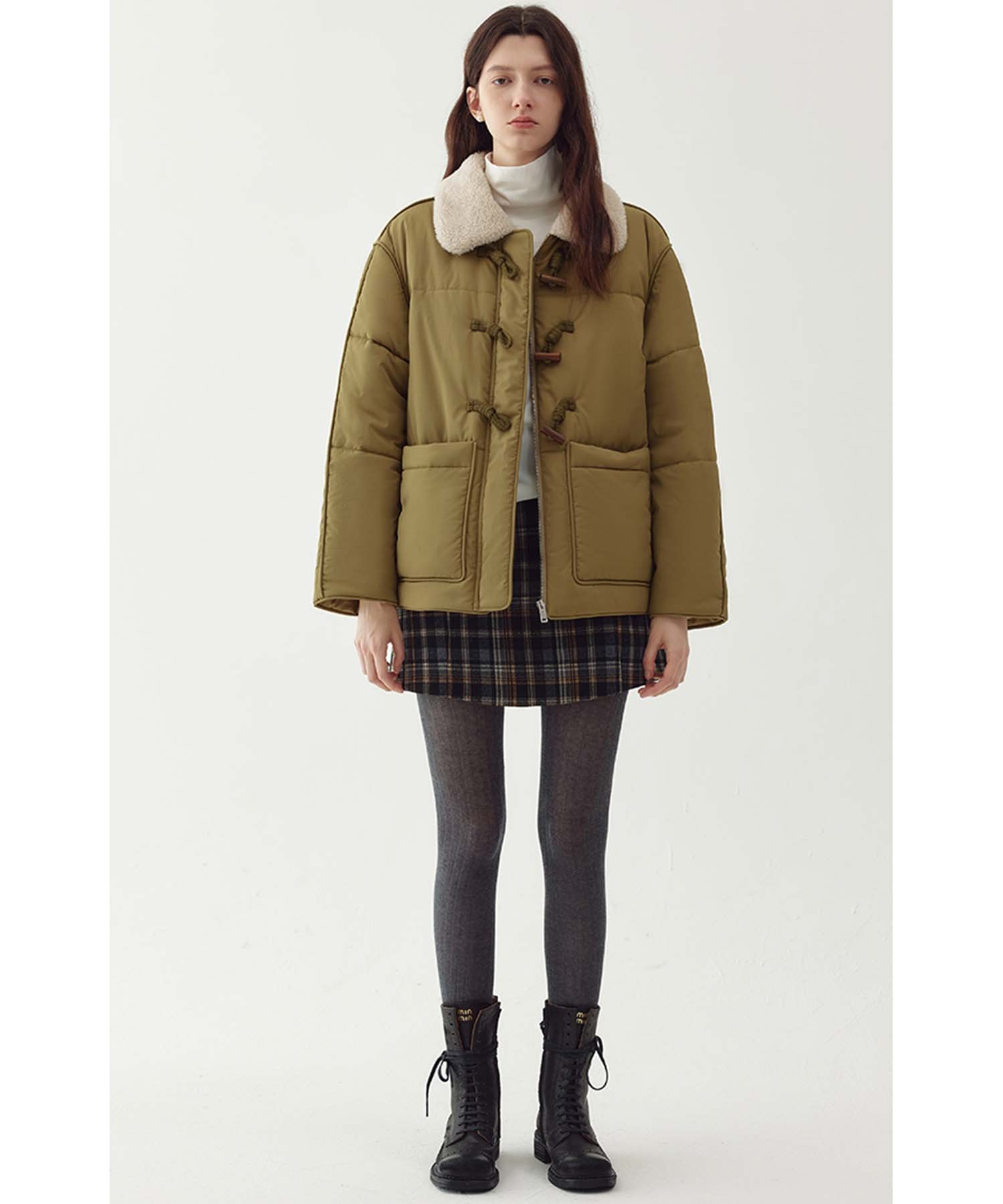 MALBON フード付きアノラックジャケット ベージュ/グリーン ボアカラー 中綿ミドルジャケット FD24M016【Fano Studios】【2025AW