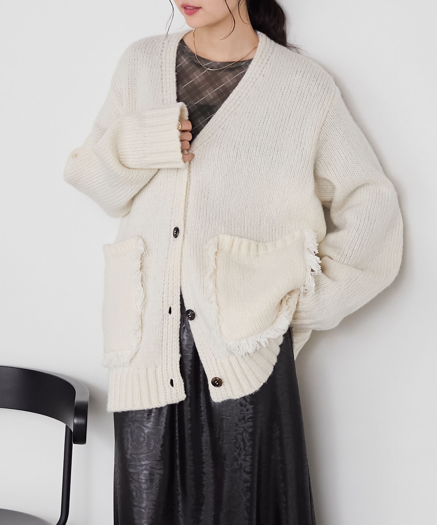 forksy.】フリンジポケットオーバーサイズVネックカーディガン forksy