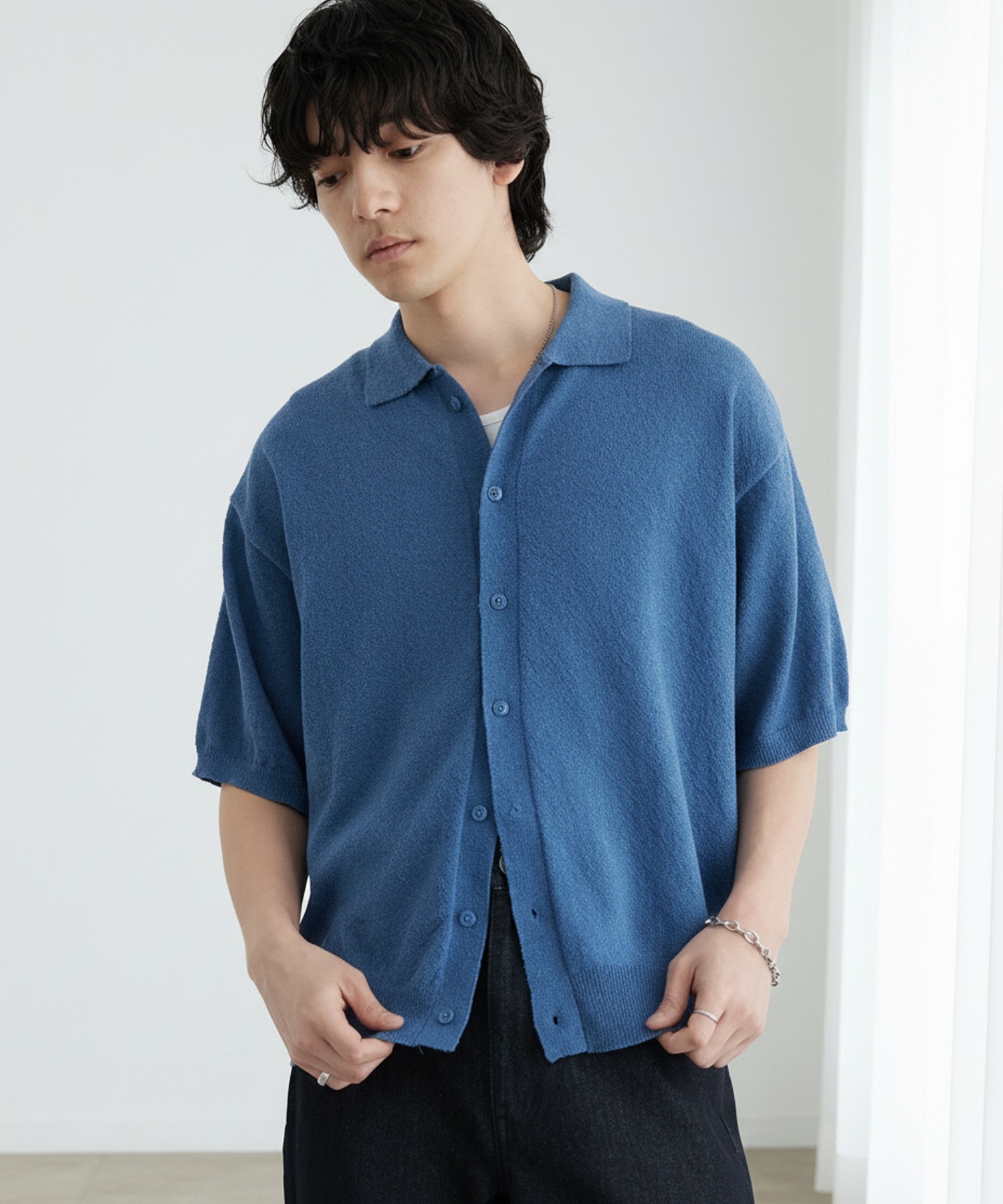 接触冷感 ショート丈 ブークレ ベーシック 半袖ニットシャツ＜UVカット