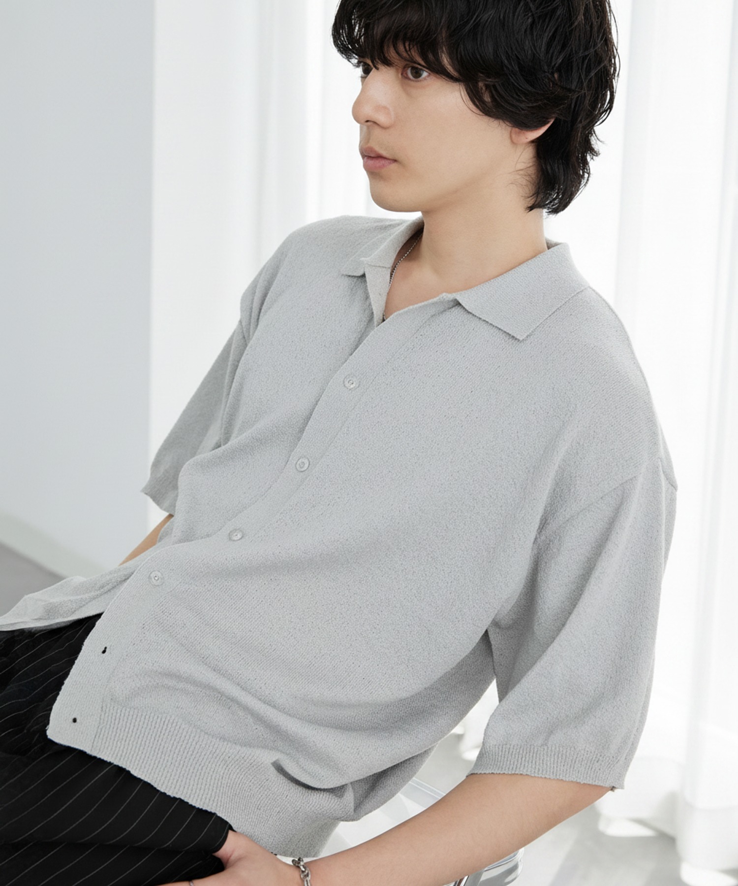 接触冷感 ショート丈 ブークレ ベーシック 半袖ニットシャツ＜UVカット
