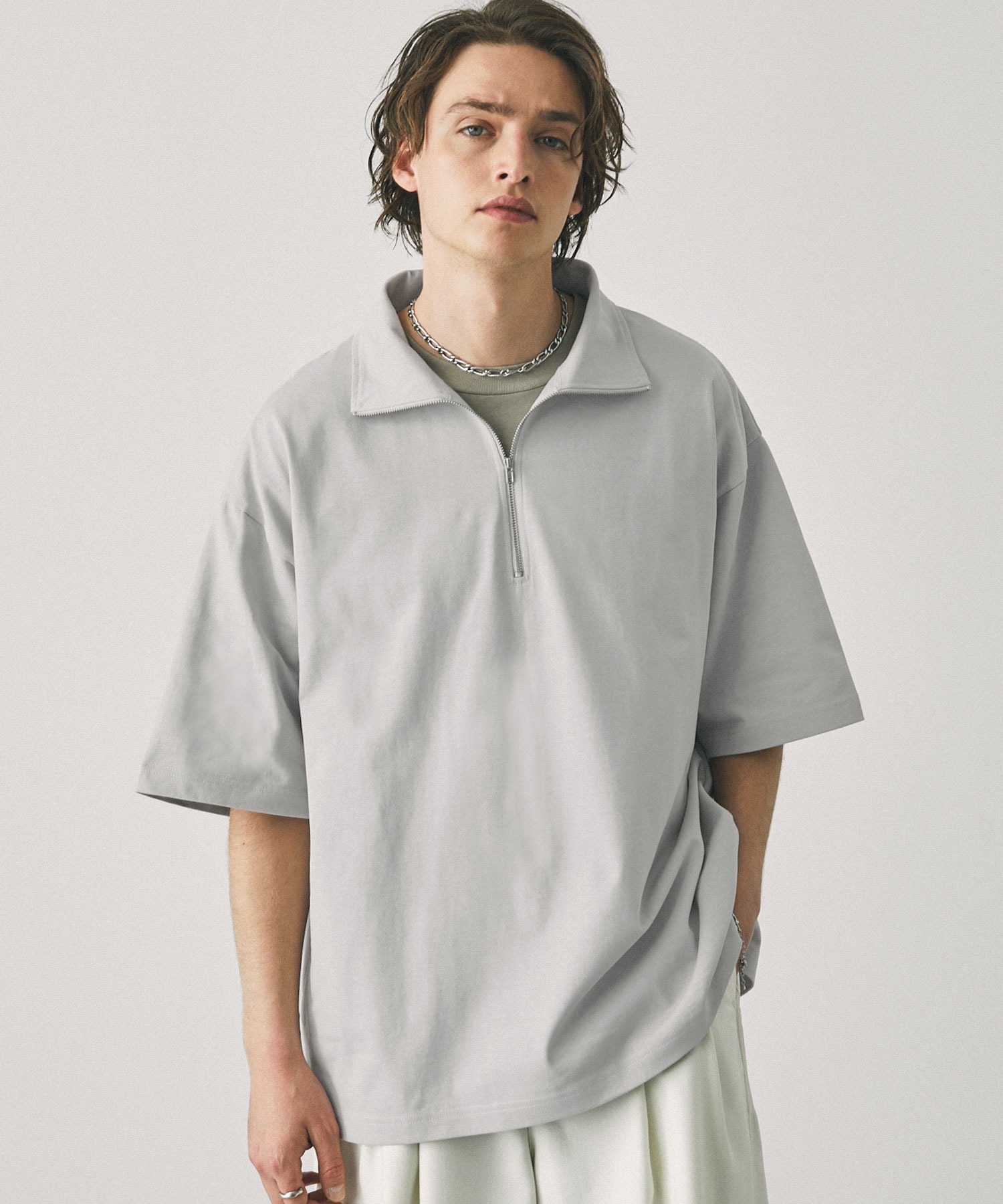 オーバーサイズ ビッグカラー ハーフジップ半袖Tシャツ EMMA CLOTHES