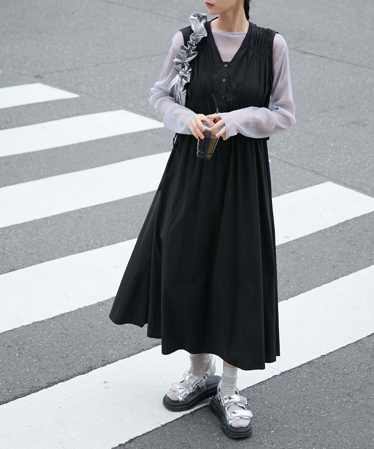 forksy.】シャーリングウエストドロストワンピース forksy