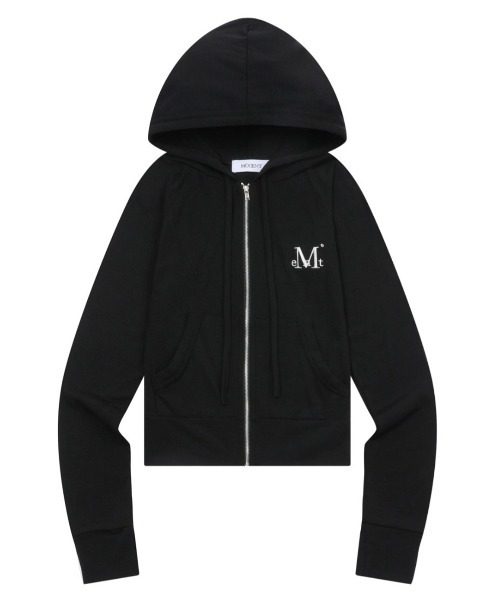 eimy♥ロゴファスナーモノグラムフーディ♥ブラック A'GEM/9 × .kom 『MUCENT/ムセント』 LIGHT UP CROP HOOD ZIP-UP