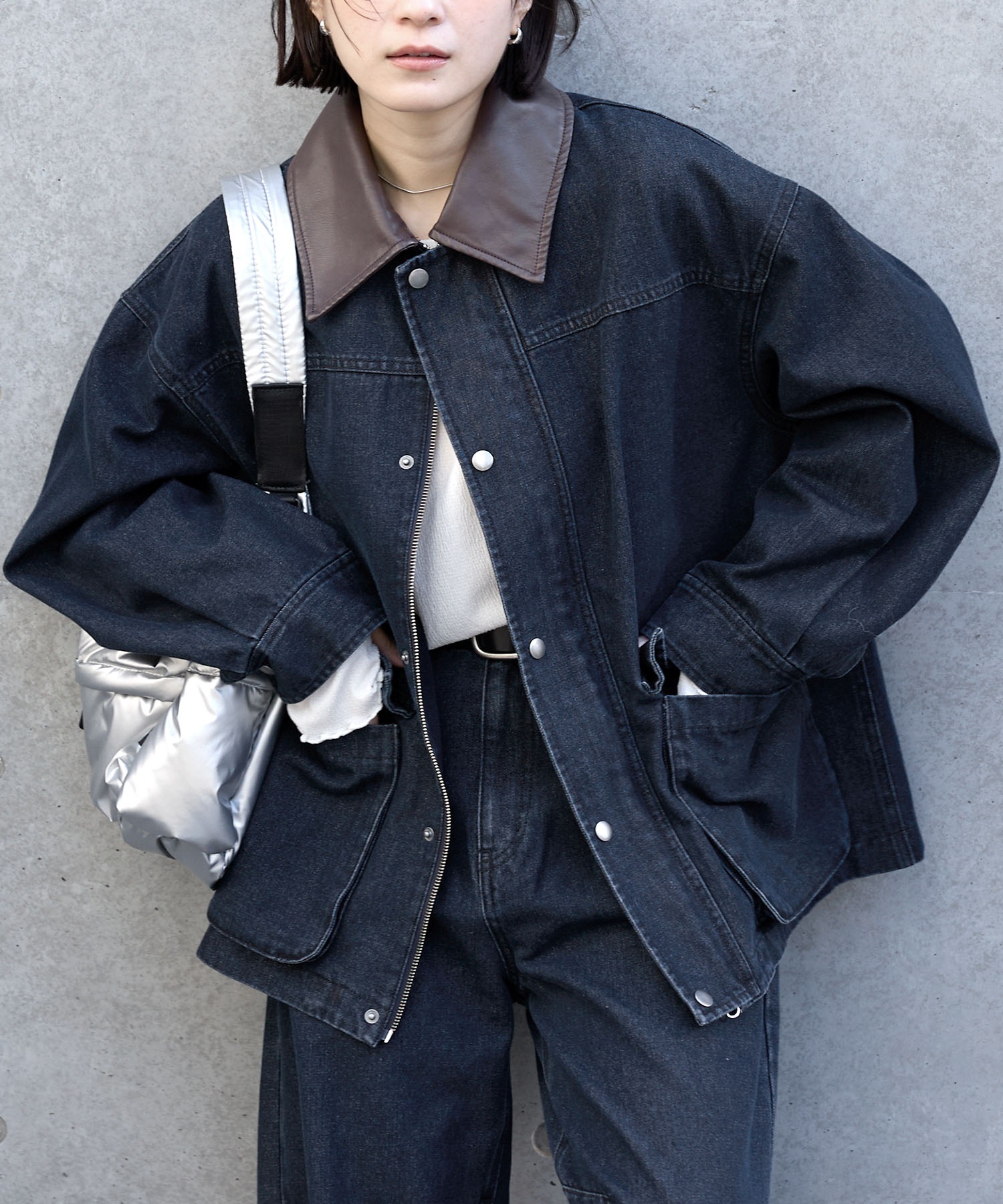 anyway.シリーズ】襟配色 ルーズライン ファティーグ デニムジャケット