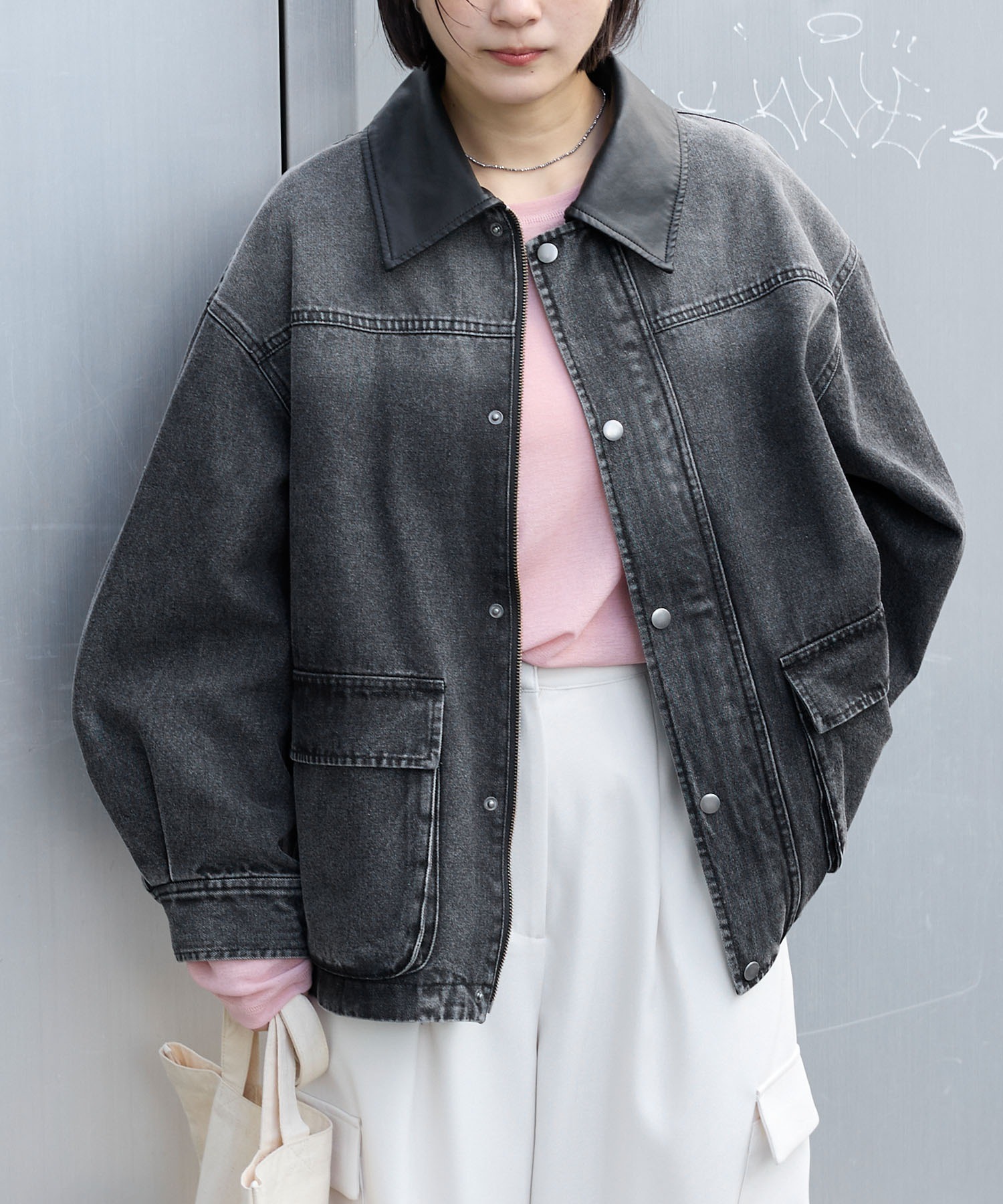 ミリタリー・デニムジャケット新品 anyway.シリーズ】襟配色 ルーズライン ファティーグ デニムジャケット