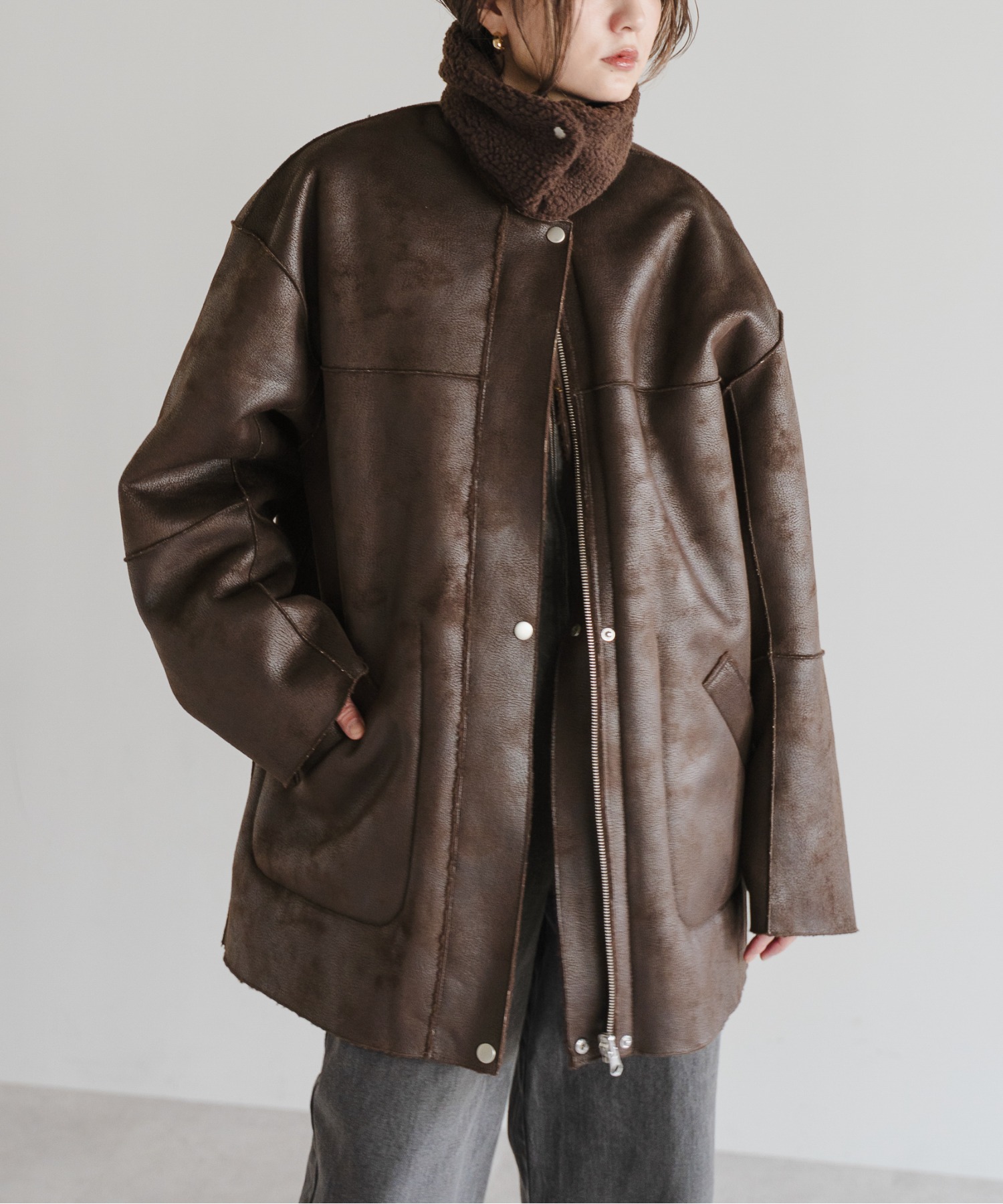 JIL SANDER レザー ムートン ロングコート ブラウン 内ボア メンズ BONJOUR SAGAN公式オンラインストア / リバーシブルフェイクレザー