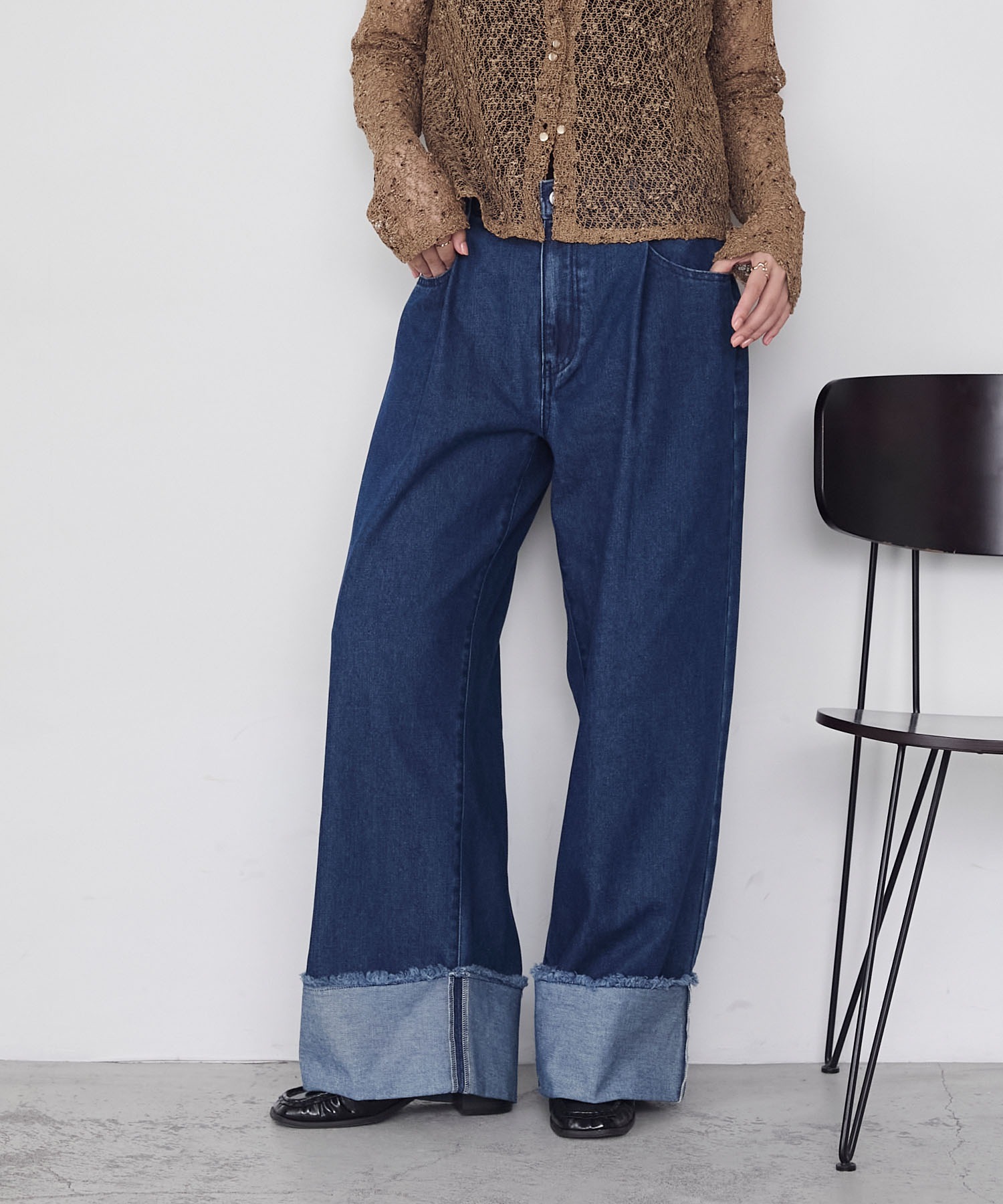 よっし forksy.】ワイドストレートターンバックデニムパンツ forksy