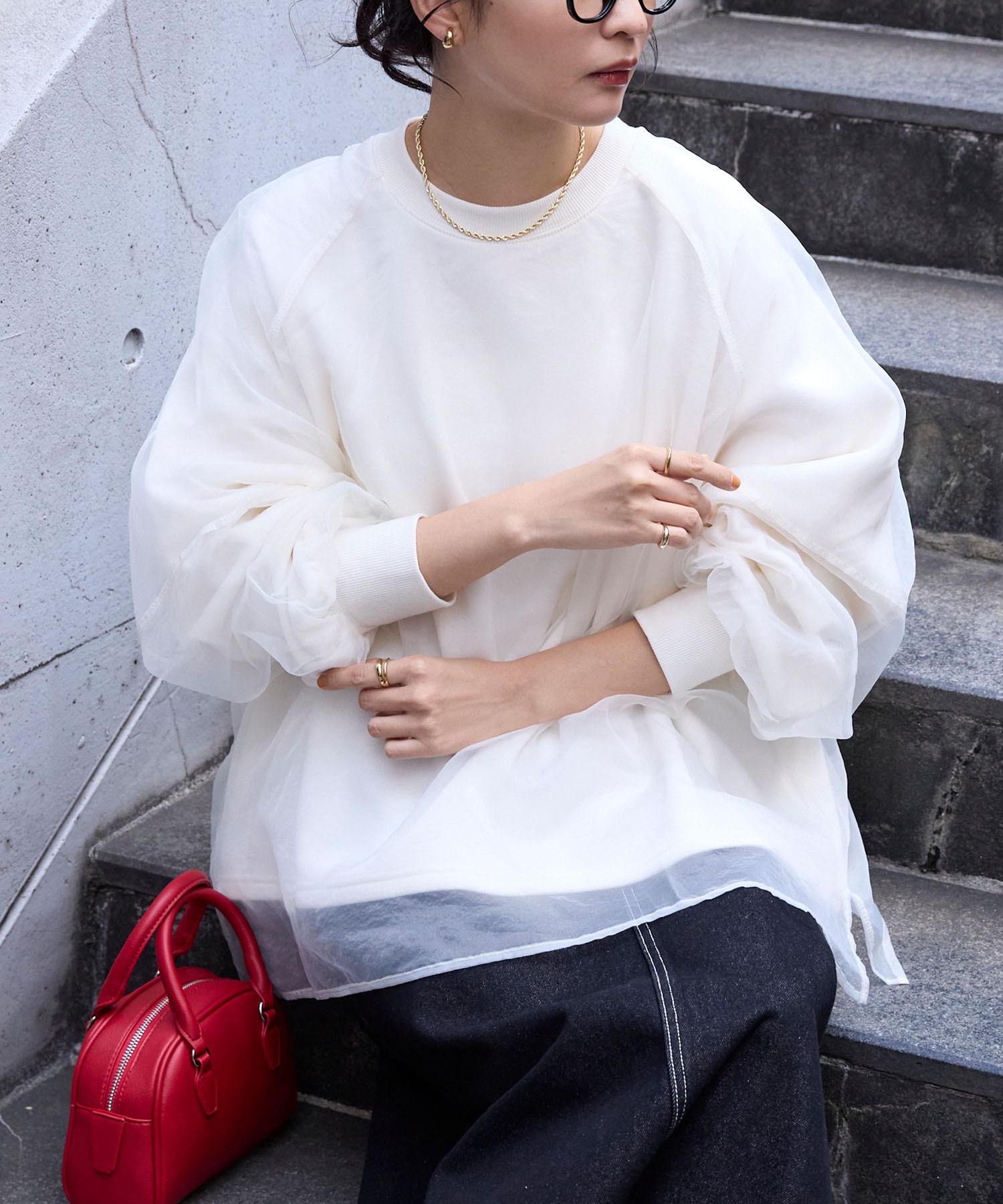 シアーレイヤードボリュームスリーブオーバーサイズスウェット