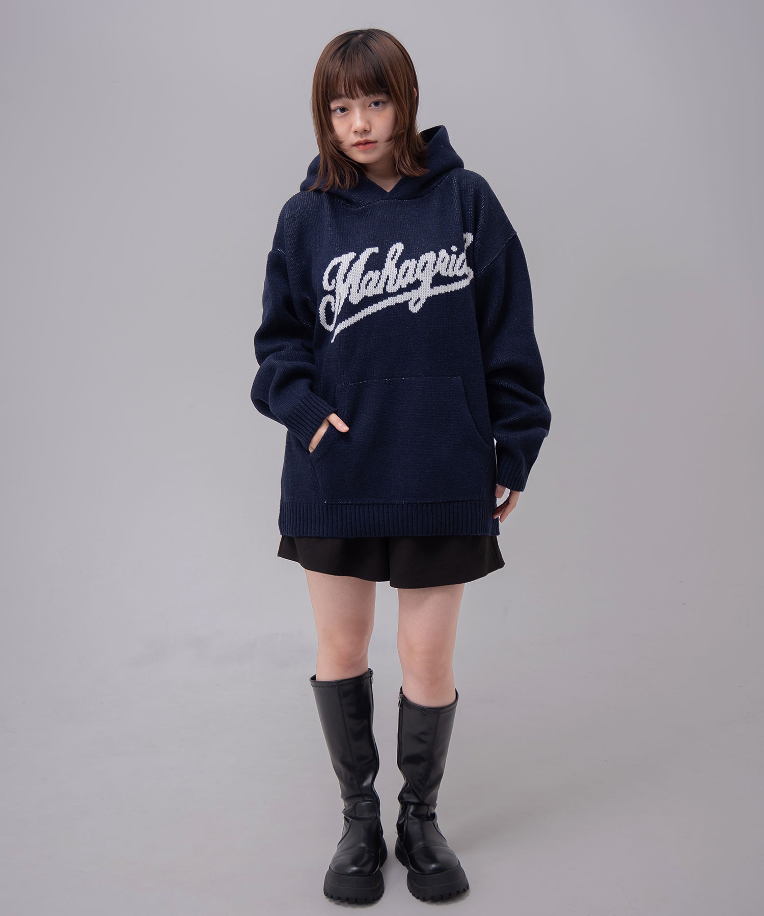 mahagrid/マハグリッド』 SCRIPT LOGO KNIT HOODIE/スクリプトロゴ