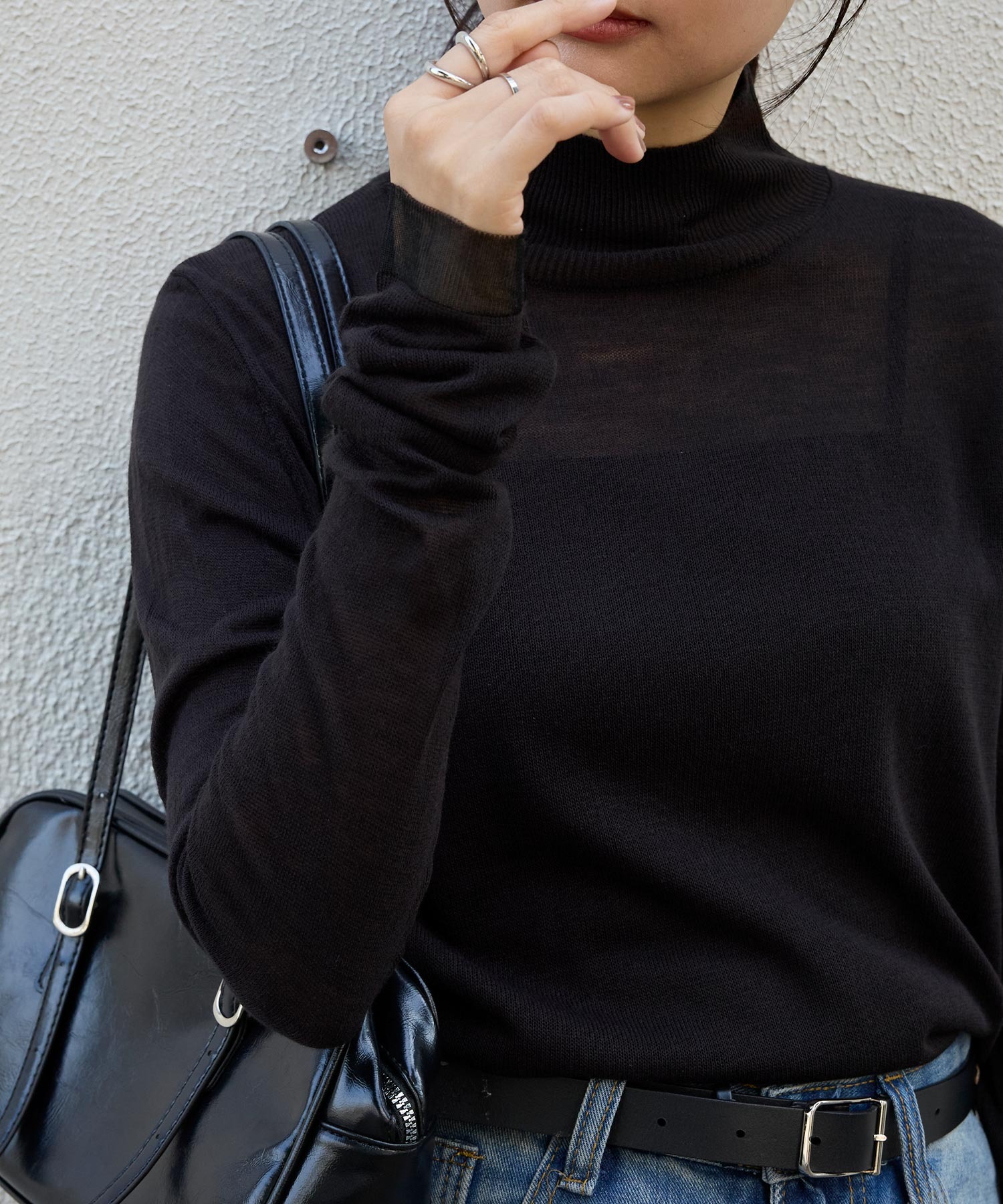 2トーンシアー ルーズスリーブ ハイネックニット MONO-MART