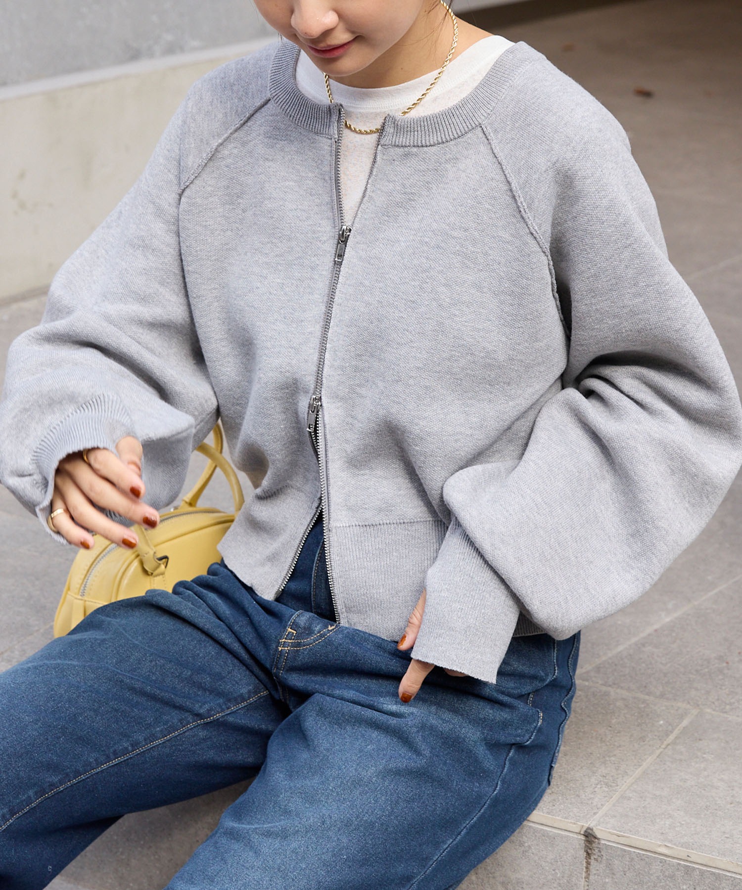 2WAYショート丈ダブルジップスウェットライクニットカーディガン