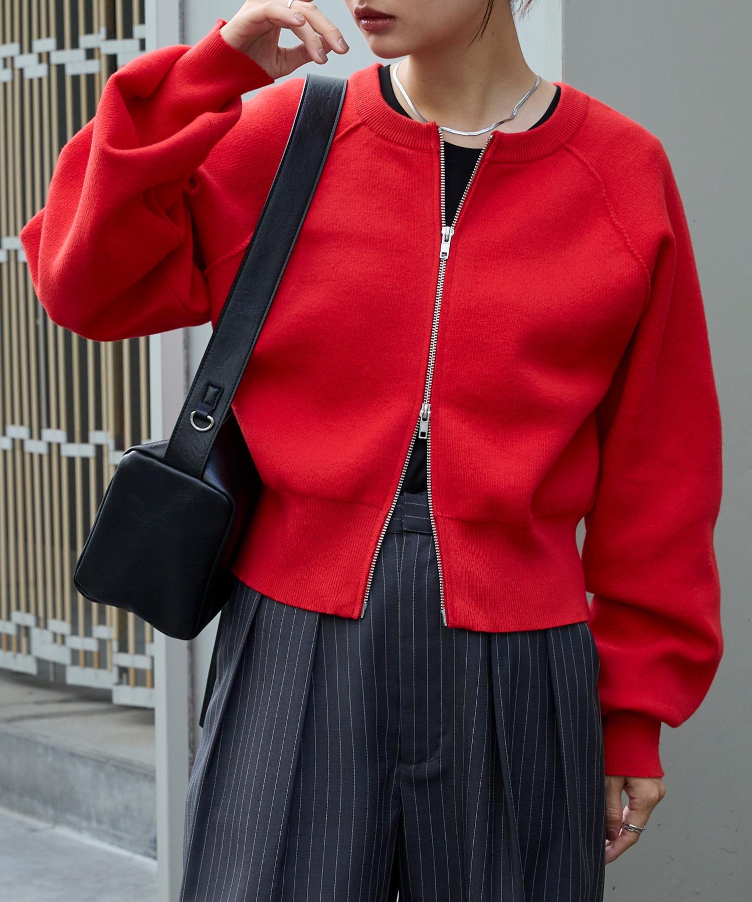 2WAYショート丈ダブルジップスウェットライクニットカーディガン MONO