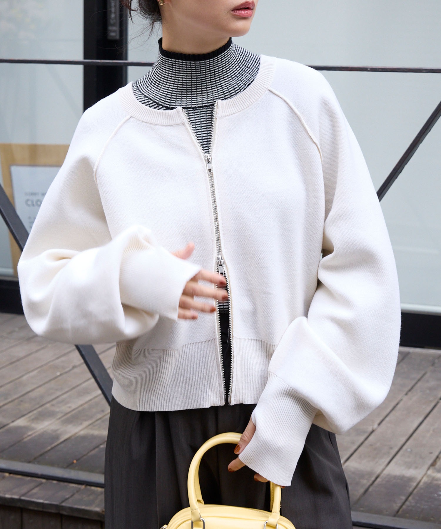 ワイズ ヨウジヤマモト 襟付きカーディガン ニット ダブル コットン ショート丈 OFF NECK WRINKLED LONG SLEEVE CARDIGAN(S Black): Y's｜THE