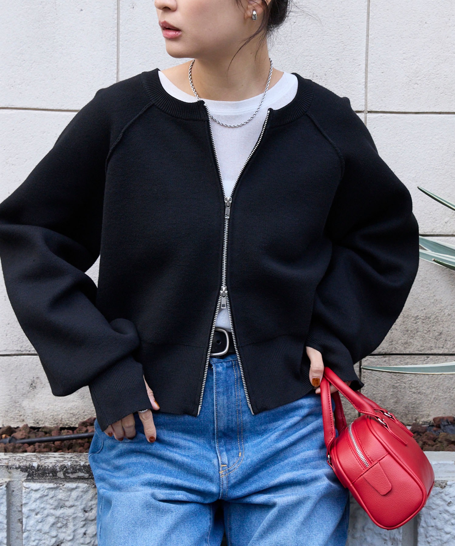 2WAYショート丈ダブルジップスウェットライクニットカーディガン MONO