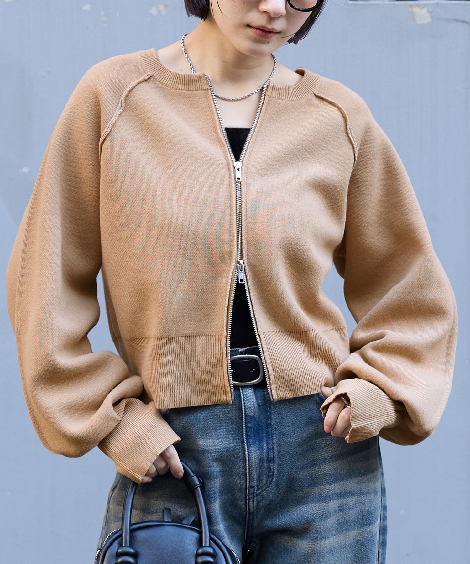 2WAYショート丈ダブルジップスウェットライクニットカーディガン MONO