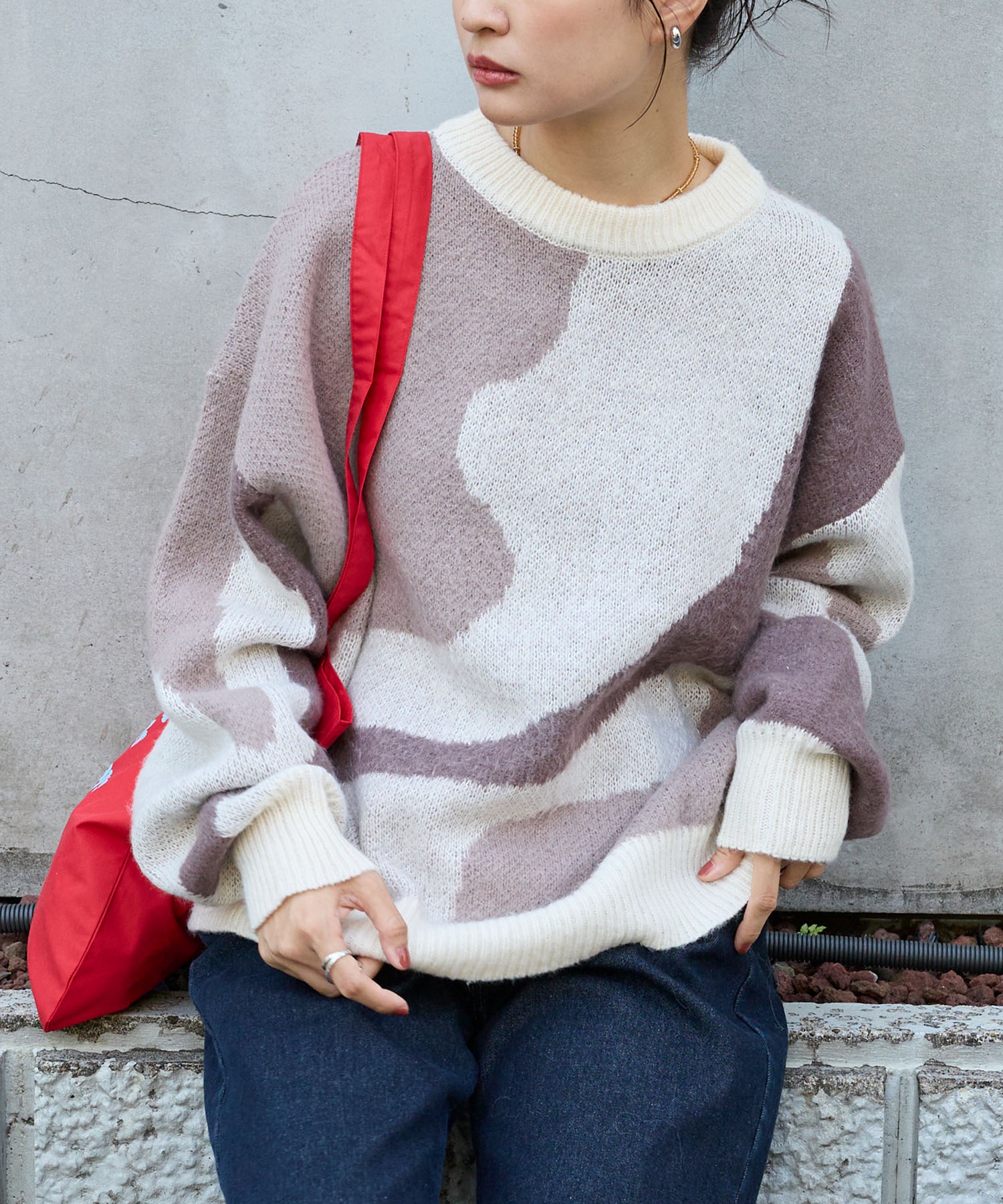 モヘアタッチマーブル柄オーバーサイズクルーネックニット MONO-MART