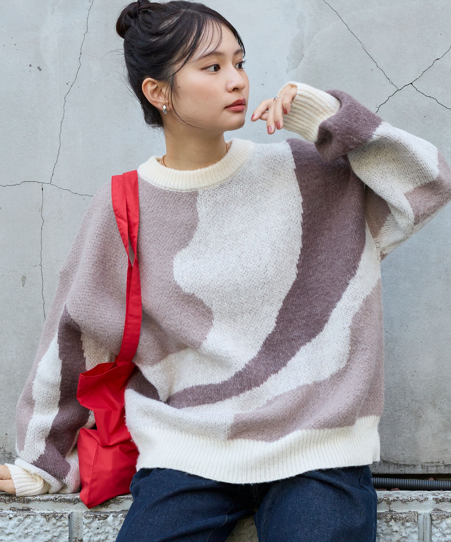 モヘアタッチマーブル柄オーバーサイズクルーネックニット MONO-MART