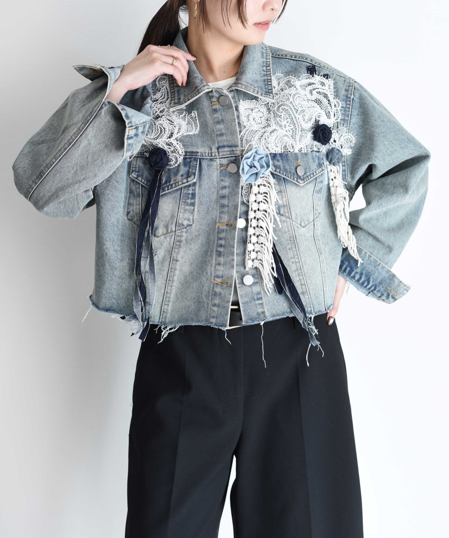 花モチーフパッチワークデニムジャケット Eimee Law│Eimee Law