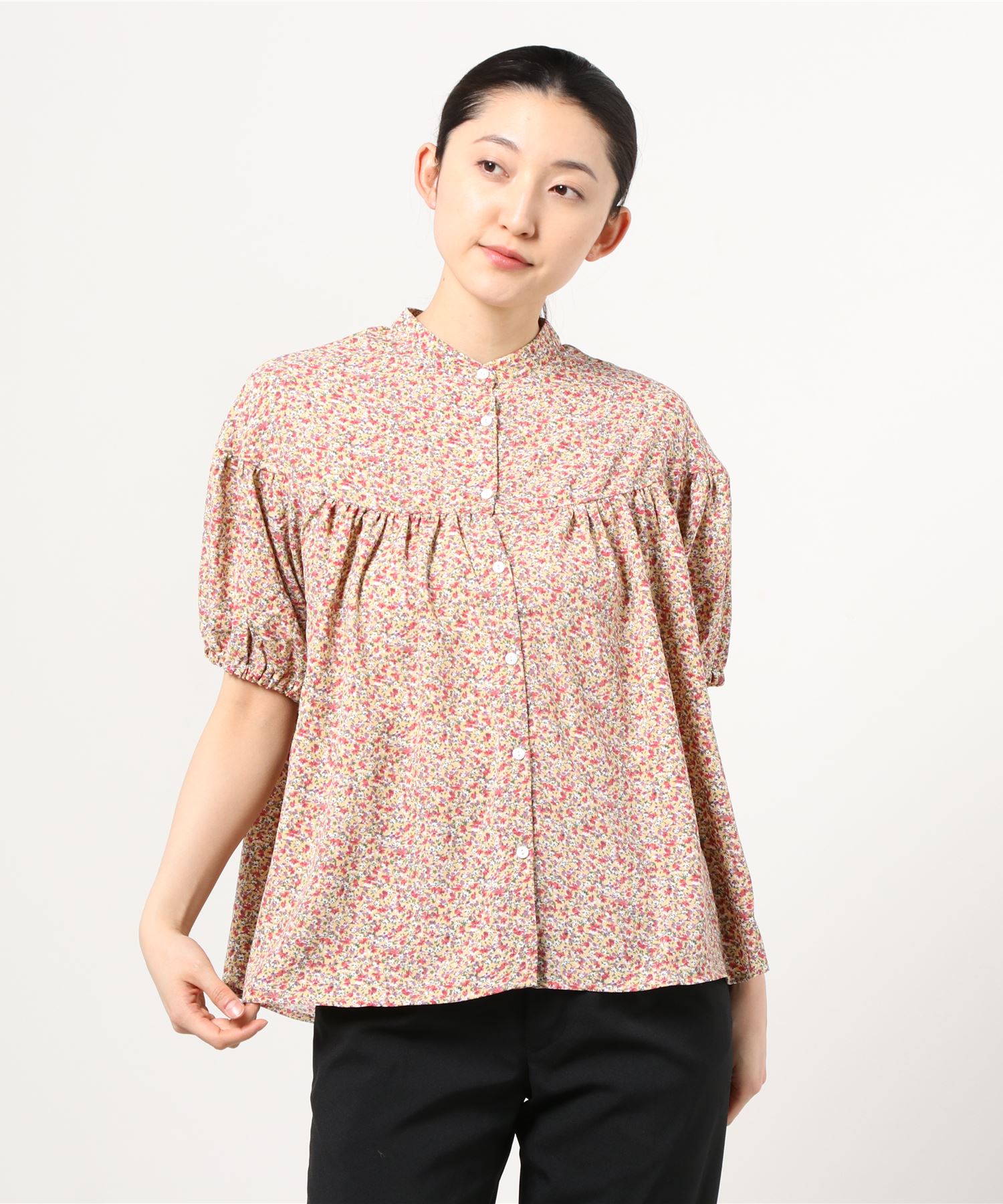 Sandy小花プリントスタンドギャザーブラウス Hotelescancun Mx