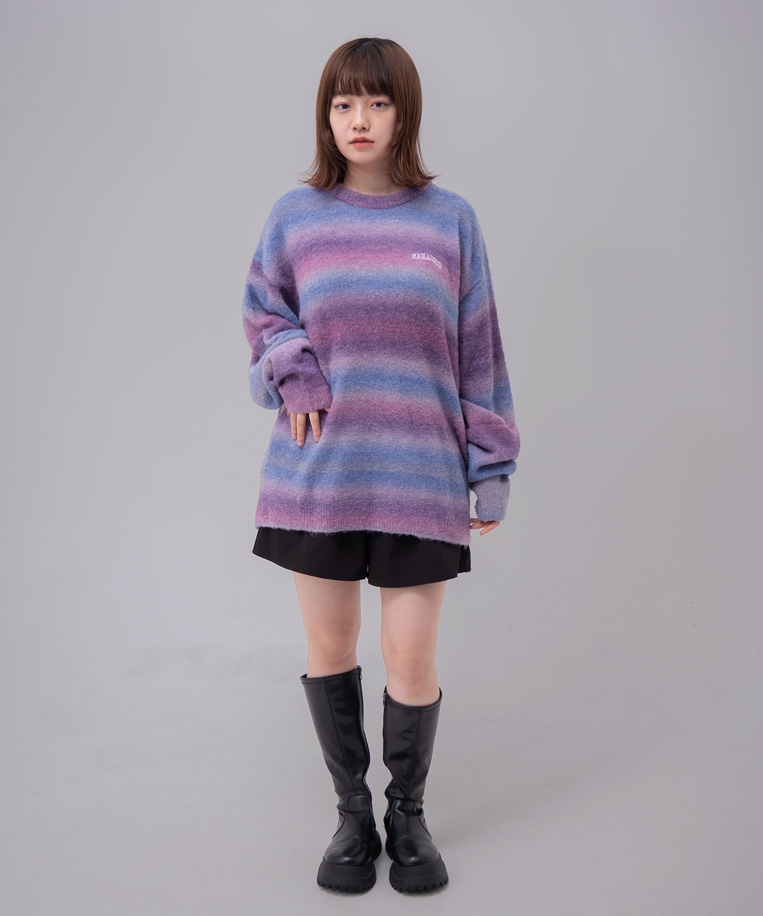 ニット セーター 「mahagrid/マハグリッド」 VARSITY LOGO GRADATION KNIT SWEATER/ヴァーシティロゴ グラデ mahagrid/マハグリッド』 VARSITY LOGO GRADATION KNIT SWEATER