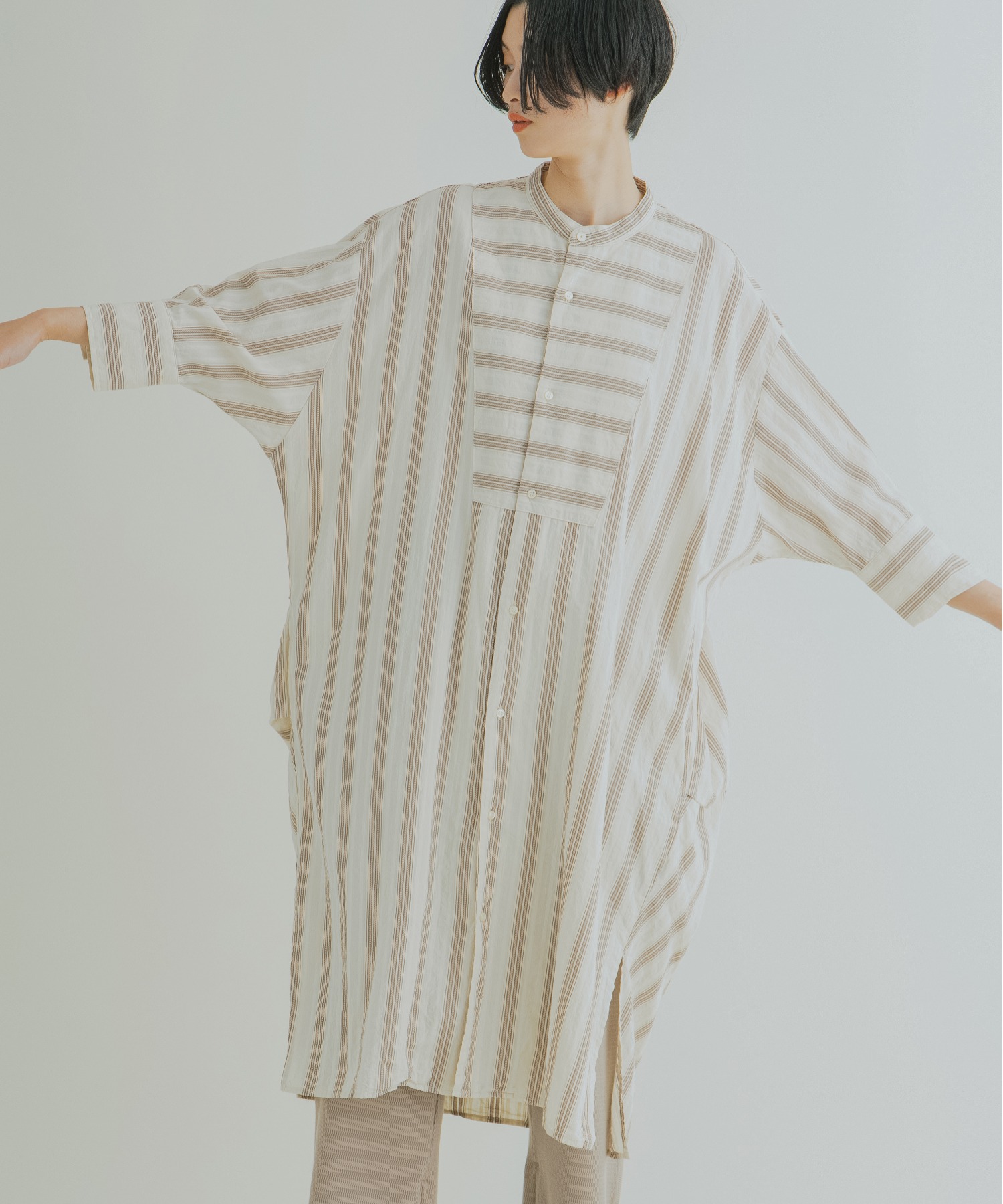 人気ブランド Kha Ki カーキ サイドタック7分袖シャツ Side Shirts Dress Tack