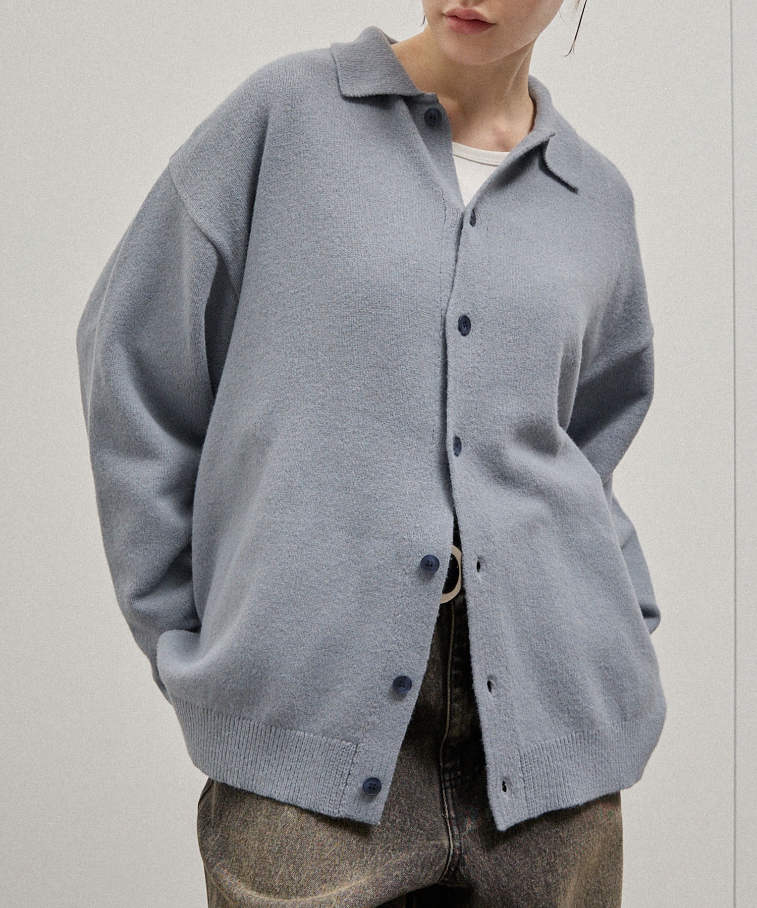 Alfred Alex】Mix Yarn Knit Shirt Cardigan / ルーズシルエット 
