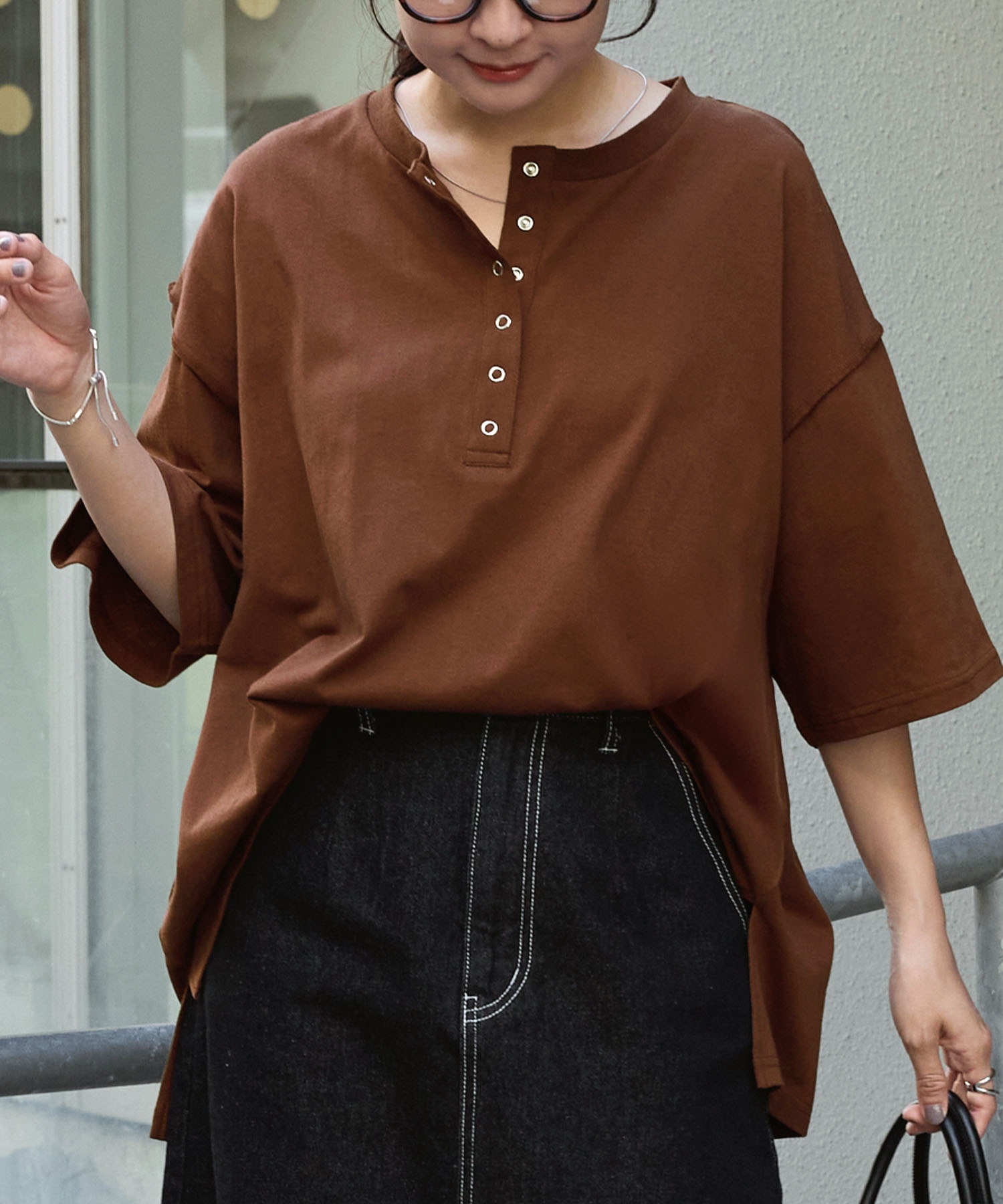 ヘンリーネック ドロップショルダー オーバーサイズ半袖Tシャツ