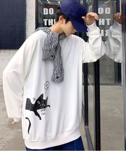 Neos Addictive Design ビッグシルエット 猫 イラスト 有名な プリント キャット スウェット