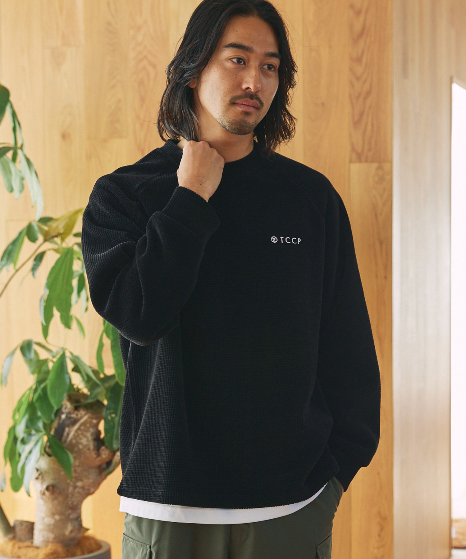 モールワッフル ビッグシルエット ラグランスリーブクルーネック