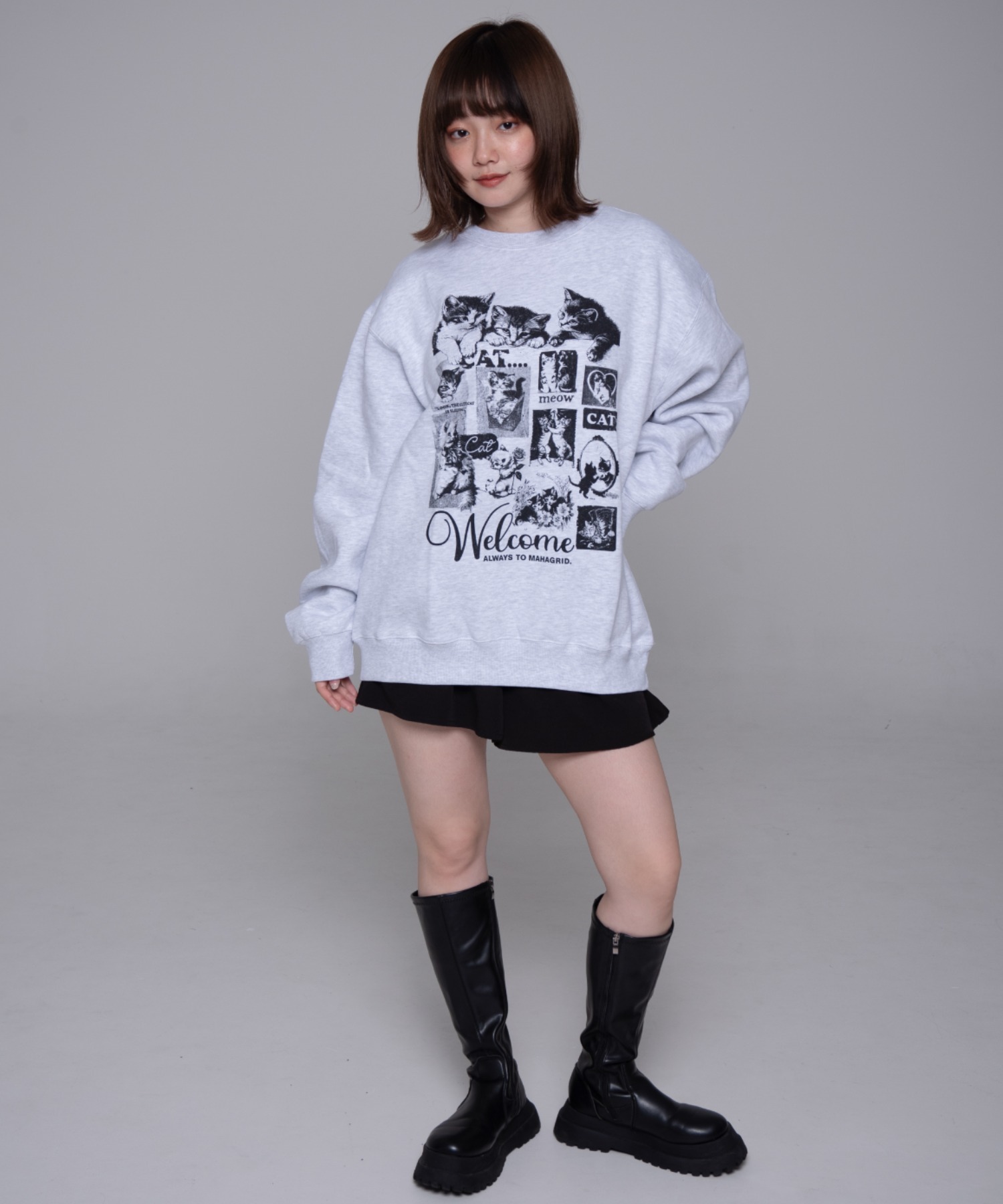 【mahagrid】24FW★ CAT COLLAGE SWEATSHIRT BASIC LOGO SWEATSHIRT [GREY] - MAHAGRID