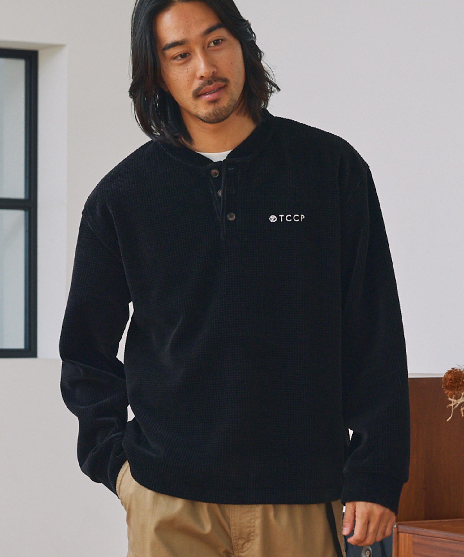 たまごん handvaerk Mock & Crew モールワッフル ビッグシルエット ヘンリーネックスウェット / アンチ