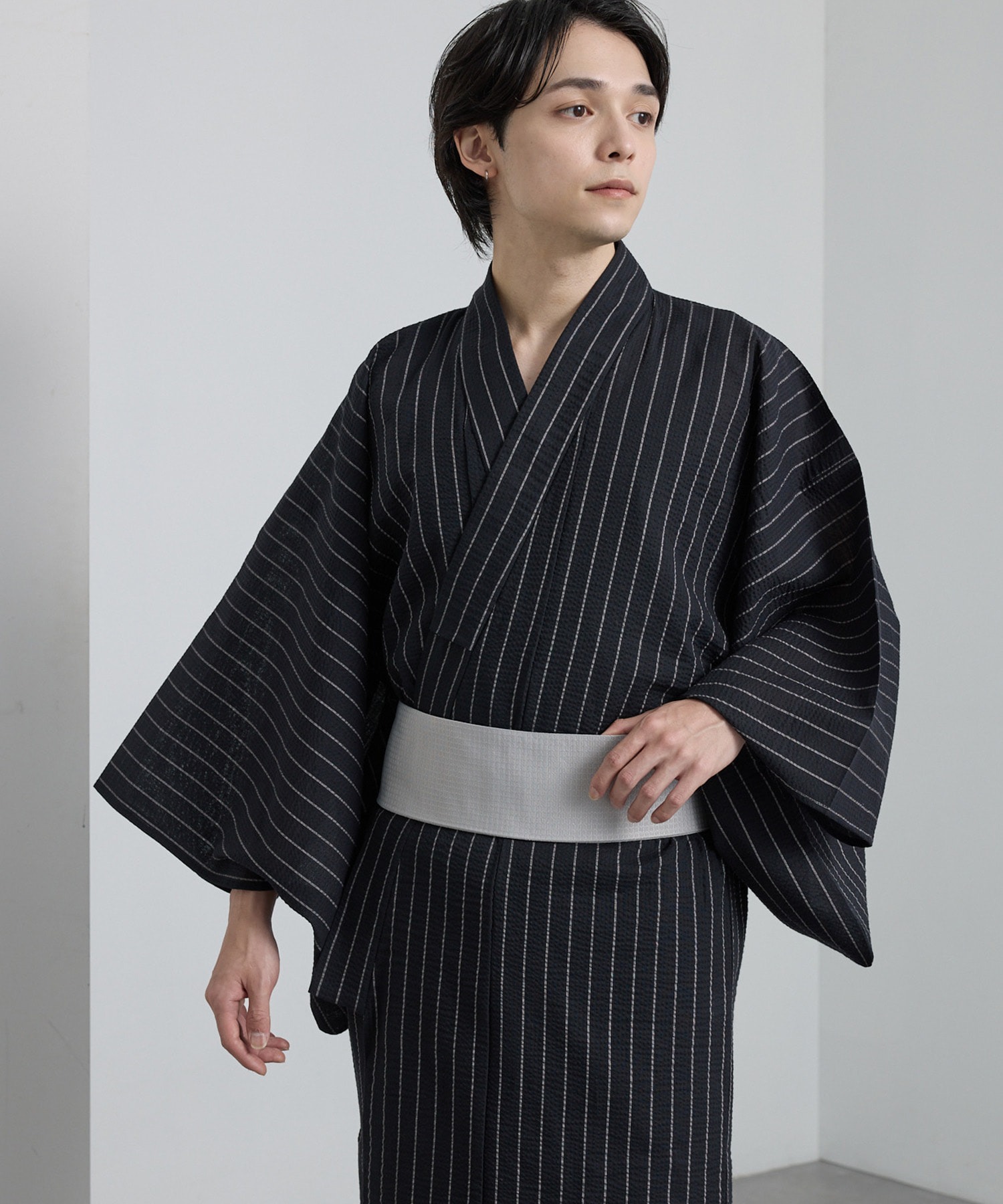簡単着付け＞縞しじら織り浴衣 3点セット【浴衣＋帯＋下駄】 MONO-MART