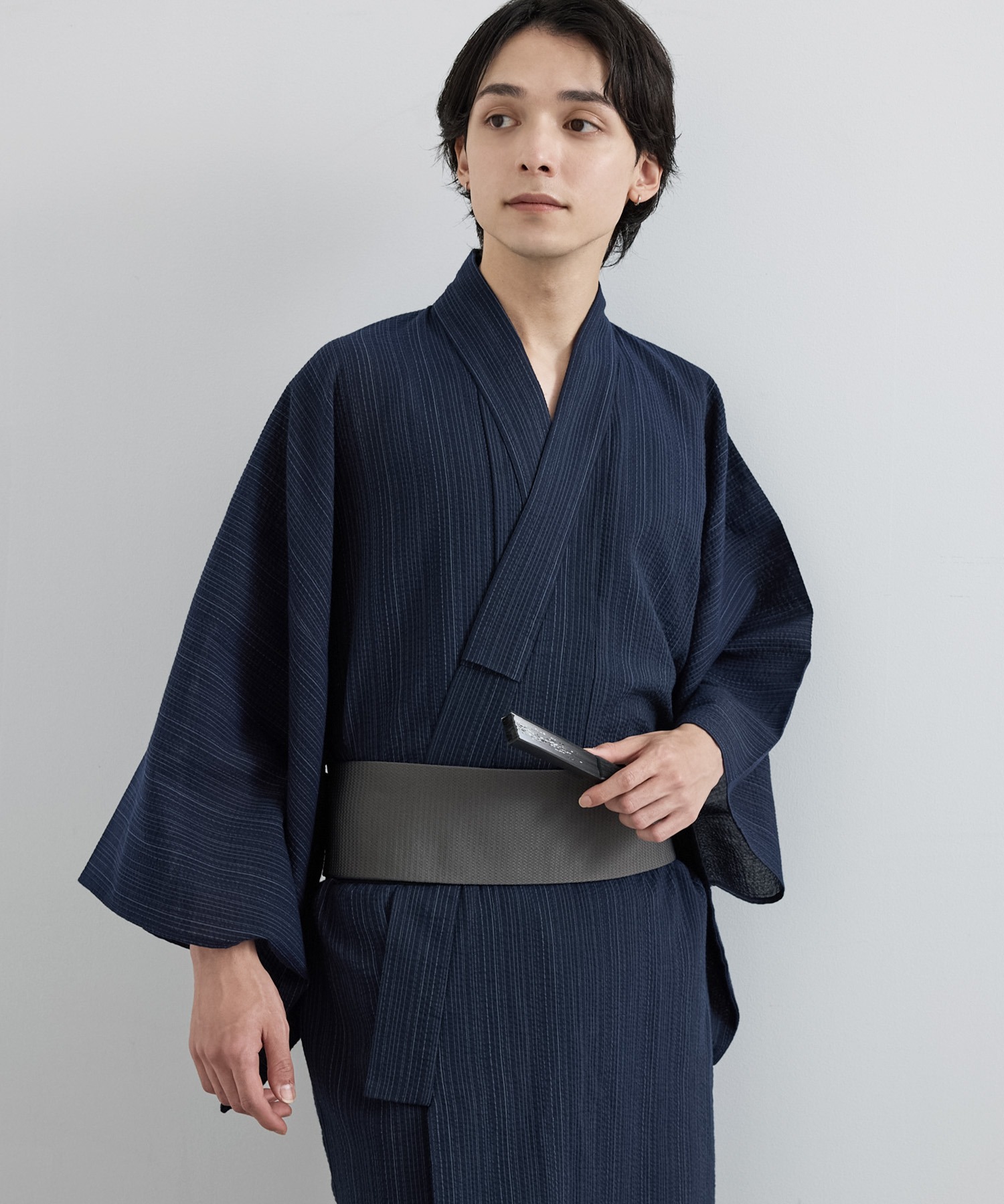 簡単着付け＞縞しじら織り浴衣 3点セット【浴衣＋帯＋下駄】 MONO-MART