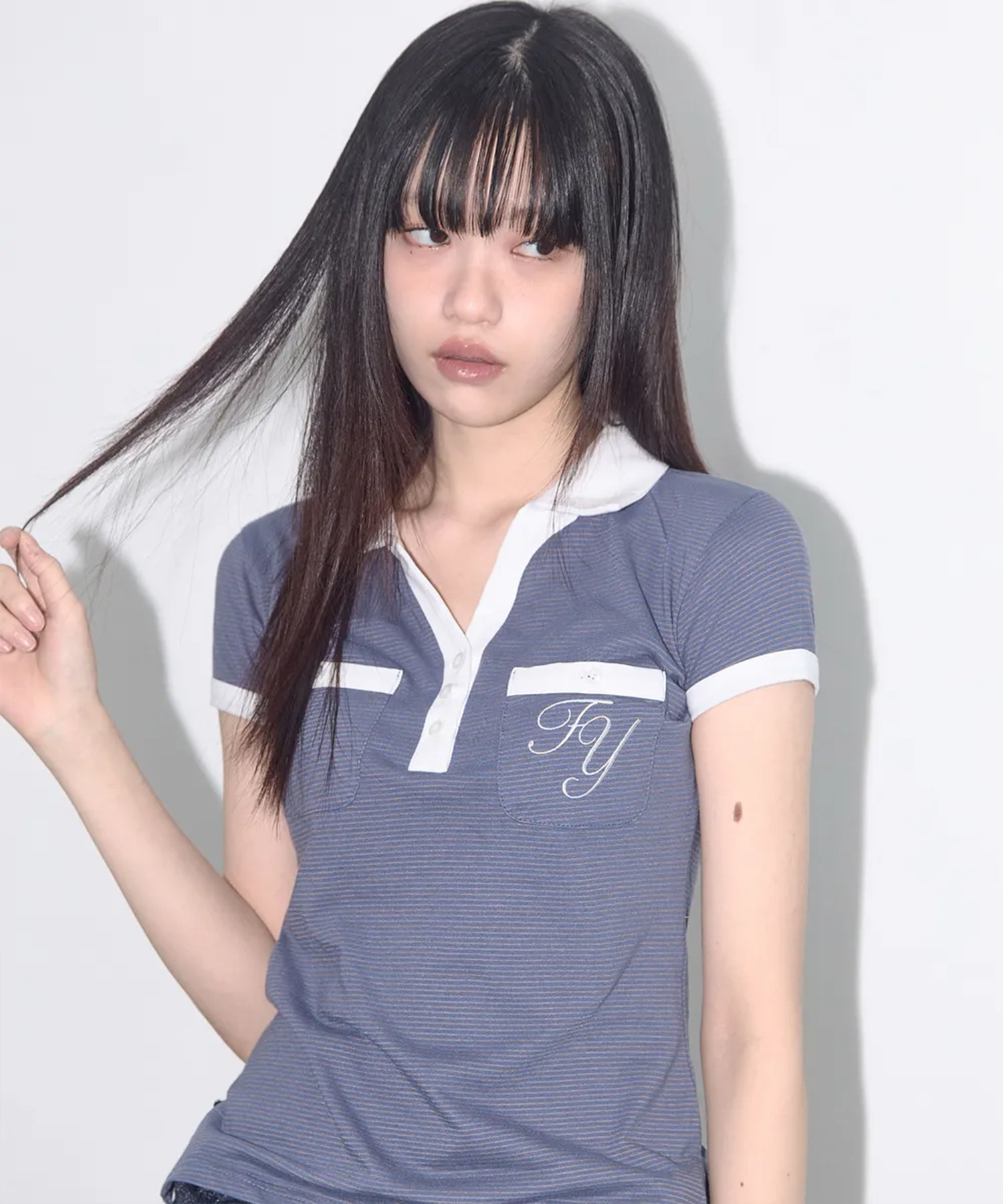 ★FANCYCLUB★STRIPE BUTTON COLLAR TEE (BLUE)★正規品/人気 A'GEM/9 × .kom 『 FANCY CLUB/ファンシークラブ』 STRIPE