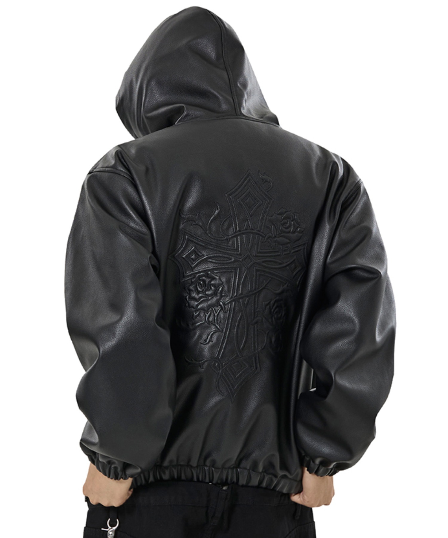 OY/オーワイ』EMBOSSED CROSS FAUX LEATHER HOODED JACKET/エンボス
