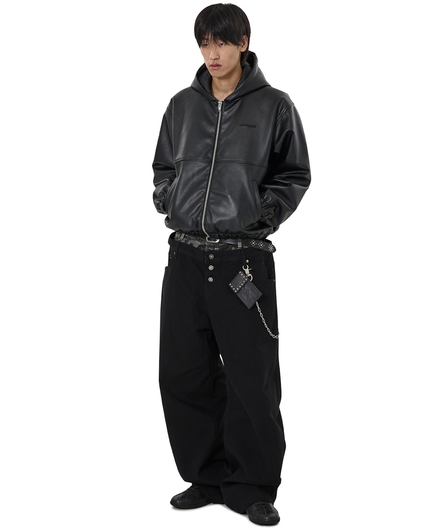 OY/オーワイ』EMBOSSED CROSS FAUX LEATHER HOODED JACKET/エンボス