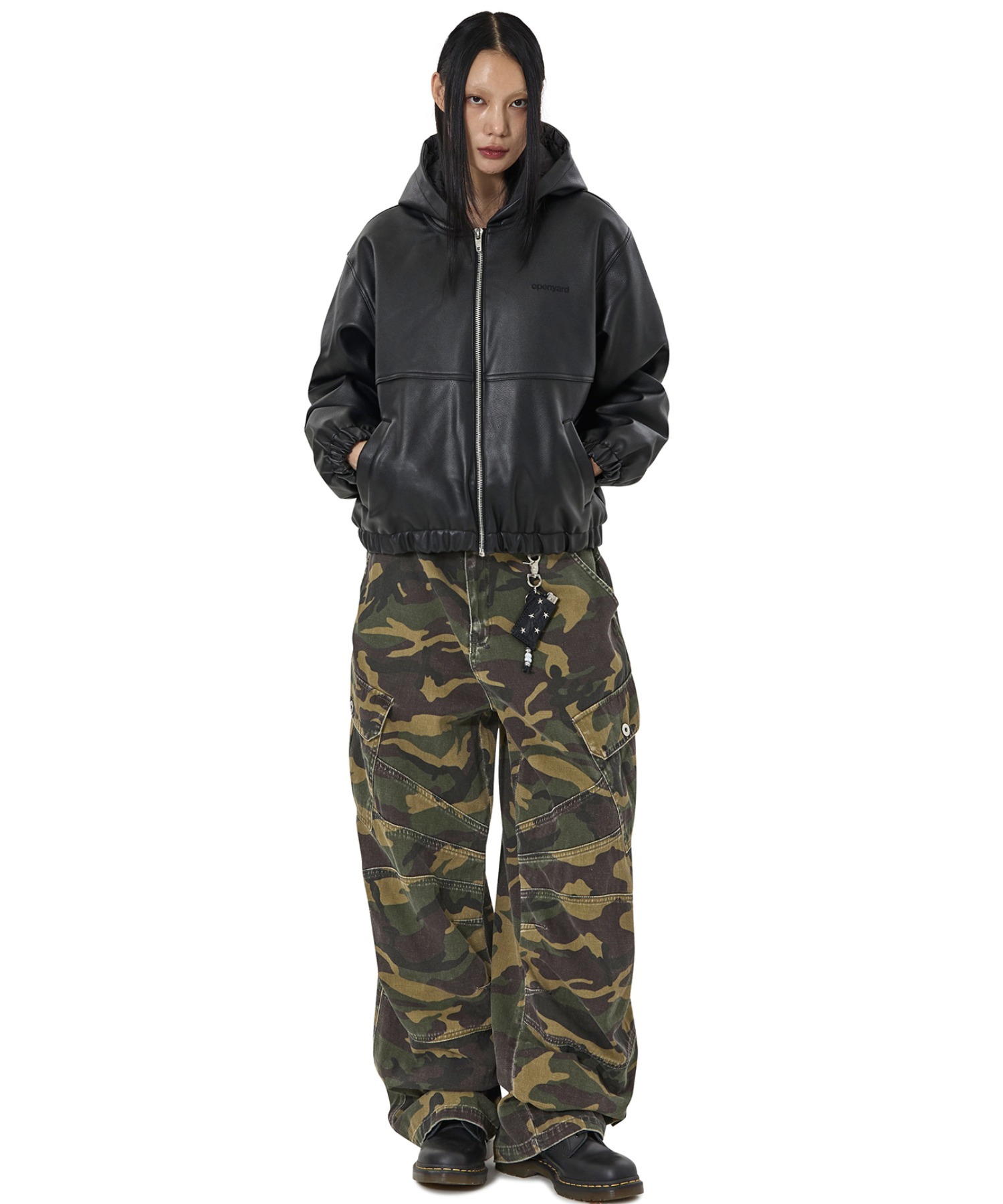 OY/オーワイ』EMBOSSED CROSS FAUX LEATHER HOODED JACKET/エンボス