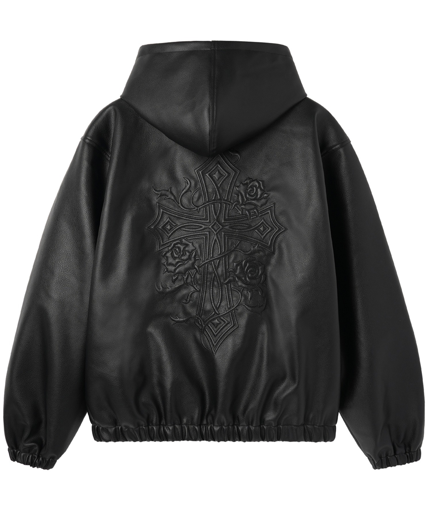 kim yeeさん OY/オーワイ』EMBOSSED CROSS FAUX LEATHER HOODED JACKET/エンボス