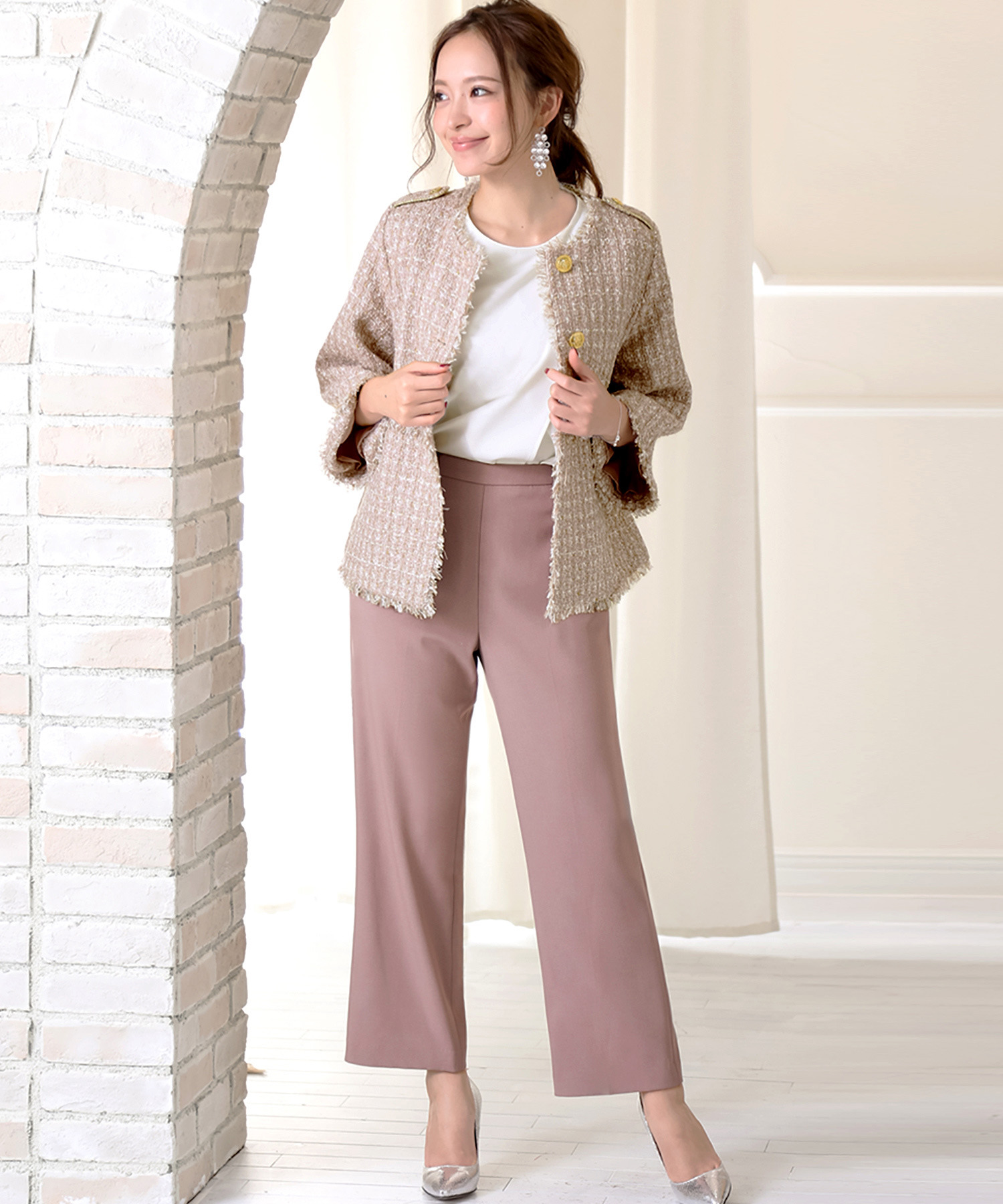 Seasonal Wrap入荷 ノーカラーツイードジャケット ブラウス パンツのセットアップセレモニースーツ 入学式 入園式 卒業式 卒園式 七五三対応フォーマルママスーツ