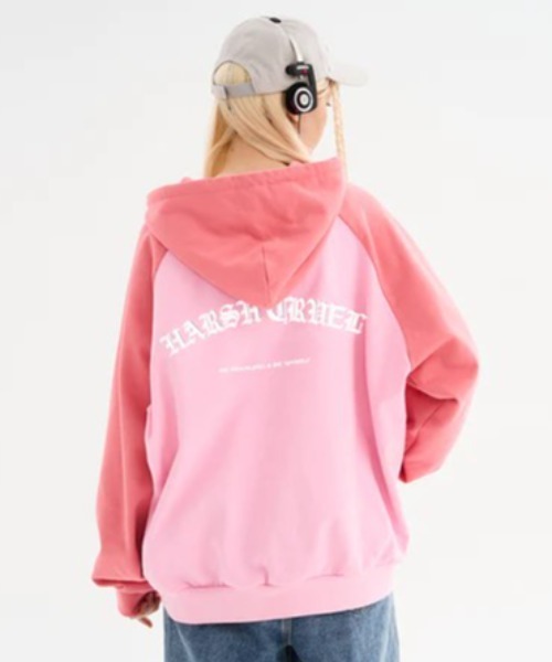 Harsh and Cruel ロゴプリント ジップアップパーカー 男女兼用 HARSH AND CRUEL パーカー 花柄刺繍ファーフードジップアップ