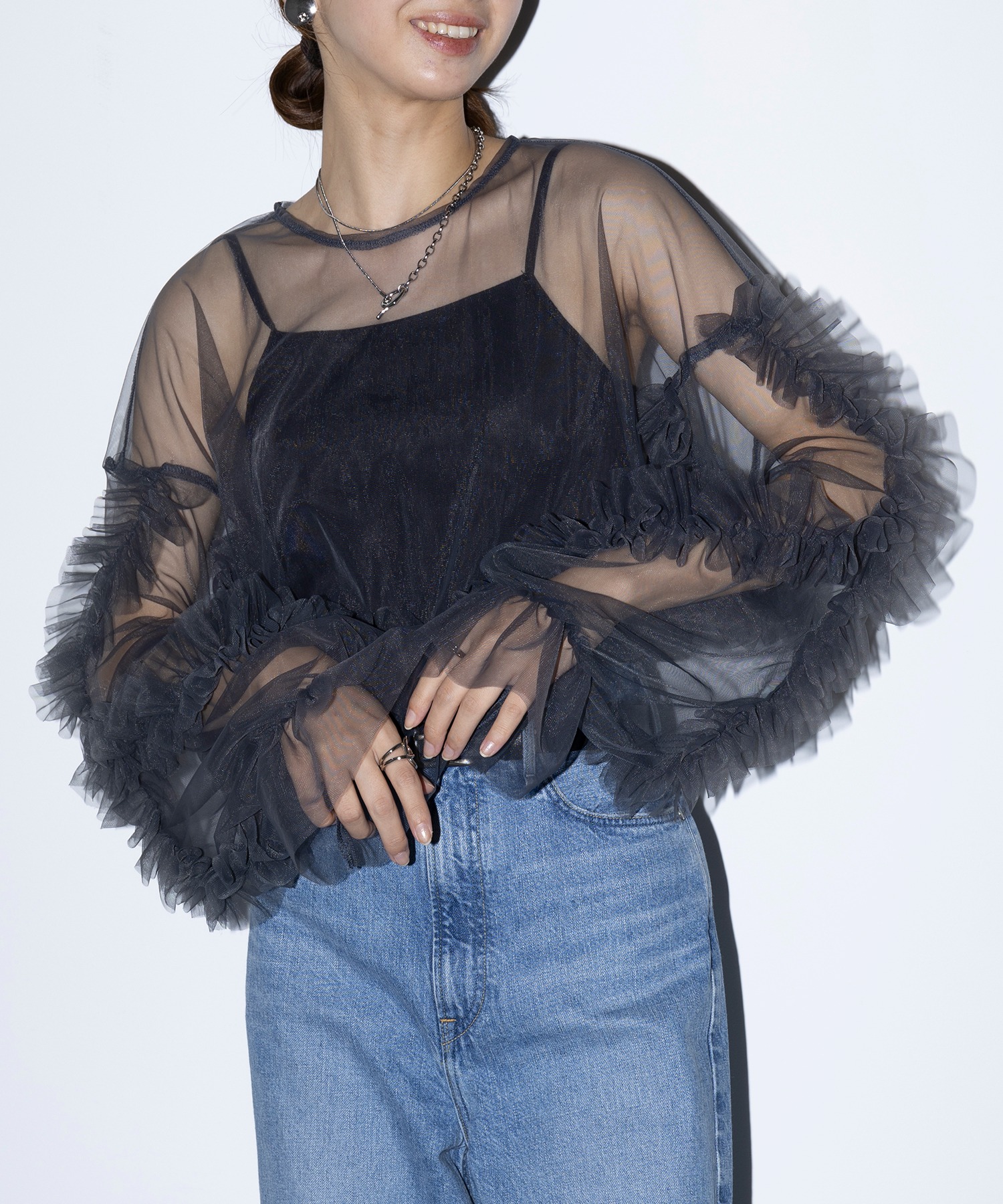 MAISON BREEZE reveur — frill sheer tulle blouse — кружевная шифоновая блуза с воланом
