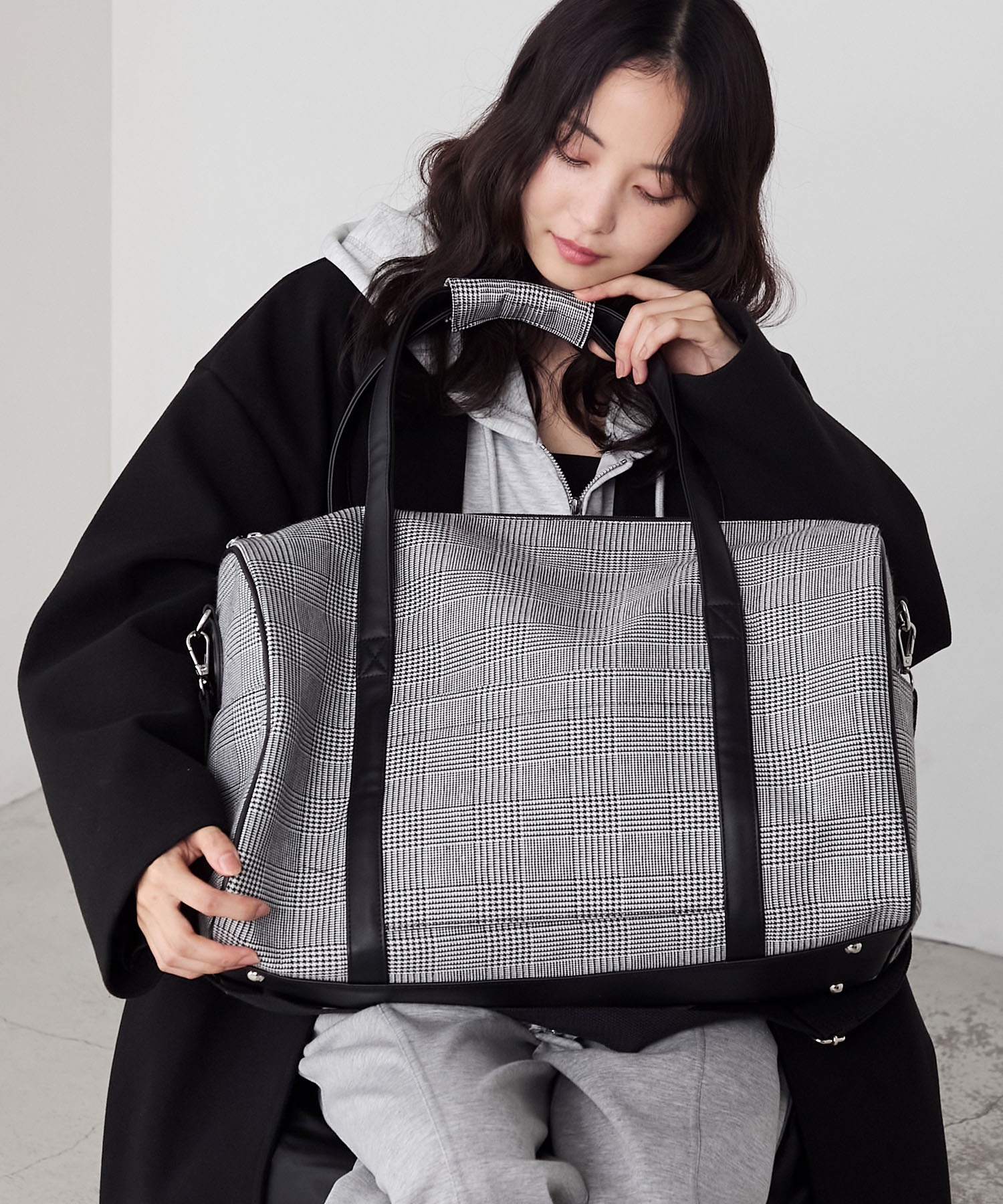 forksy.】チェック柄2wayビッグショルダートラベルボストンバッグ