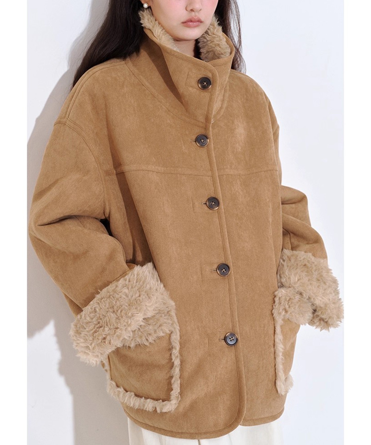 スタンドカラー フェイクファーラペル ムートンジャケット FQ25W136