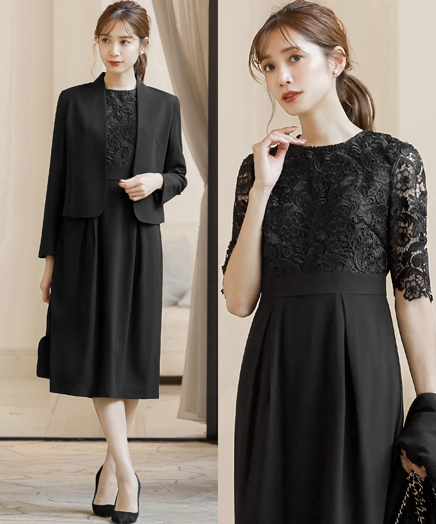 スタンドカラージャケットフラワーレースワンピースの2点セットアップセレモニースーツ 入学式 入園式 卒業式 卒園式 ブラックフォーマル対応フォーマルママスーツ 喪服 礼服 Delacava Es