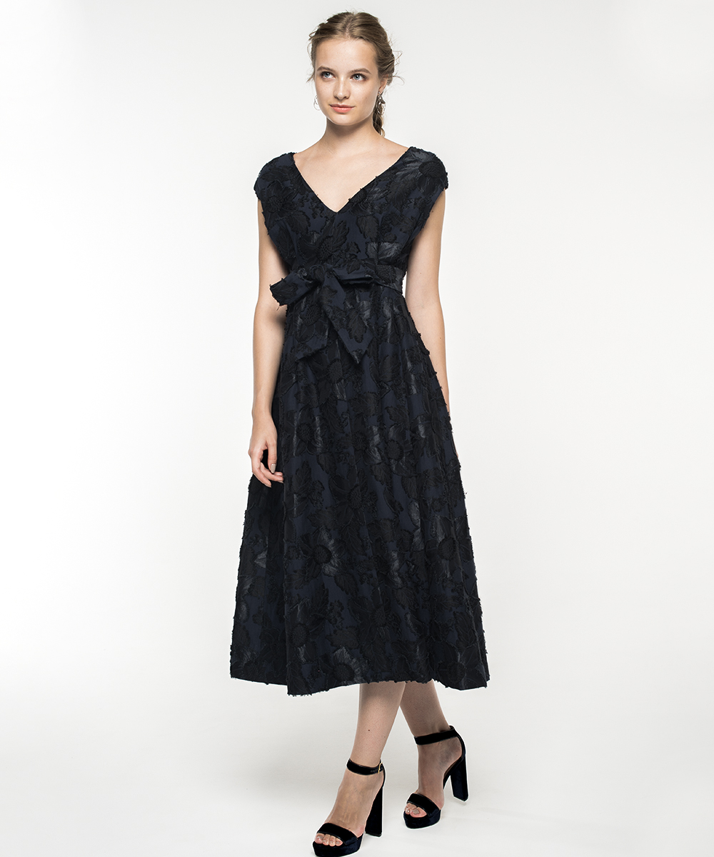 ローズ柄ジャガード異素材mixミモレ丈フレア結婚式ワンピース 二次会 成人式 同窓会