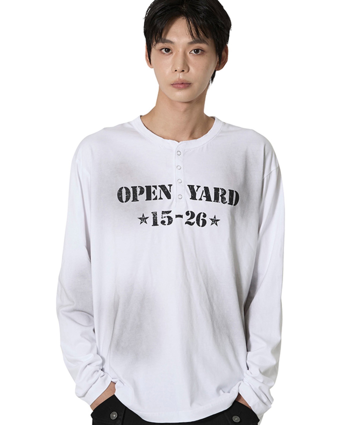 GADID ANONIEMレイヤード風 長袖カットソー ネイビー×ホワイト Openyard/オープンヤード』 DIRTY STENCIL HENLEY LONG SLEEVE TEE